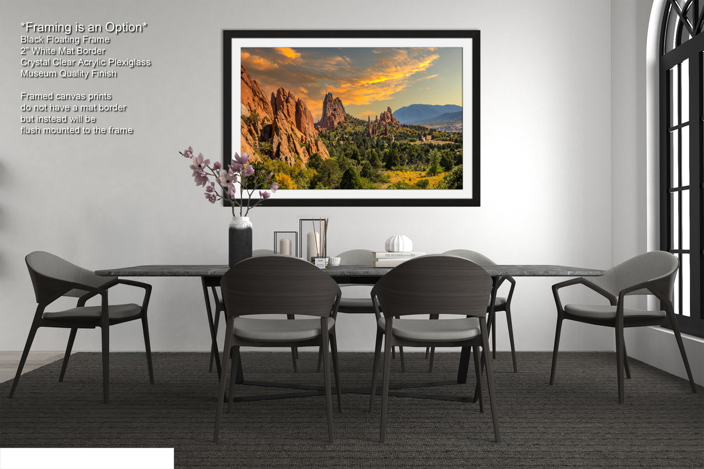 a dining room with a table and chairs