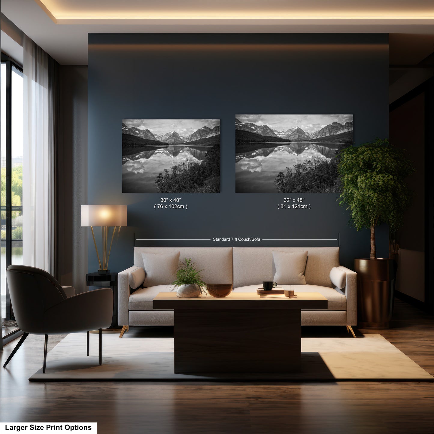 a living room with a couch and two pictures on the wall