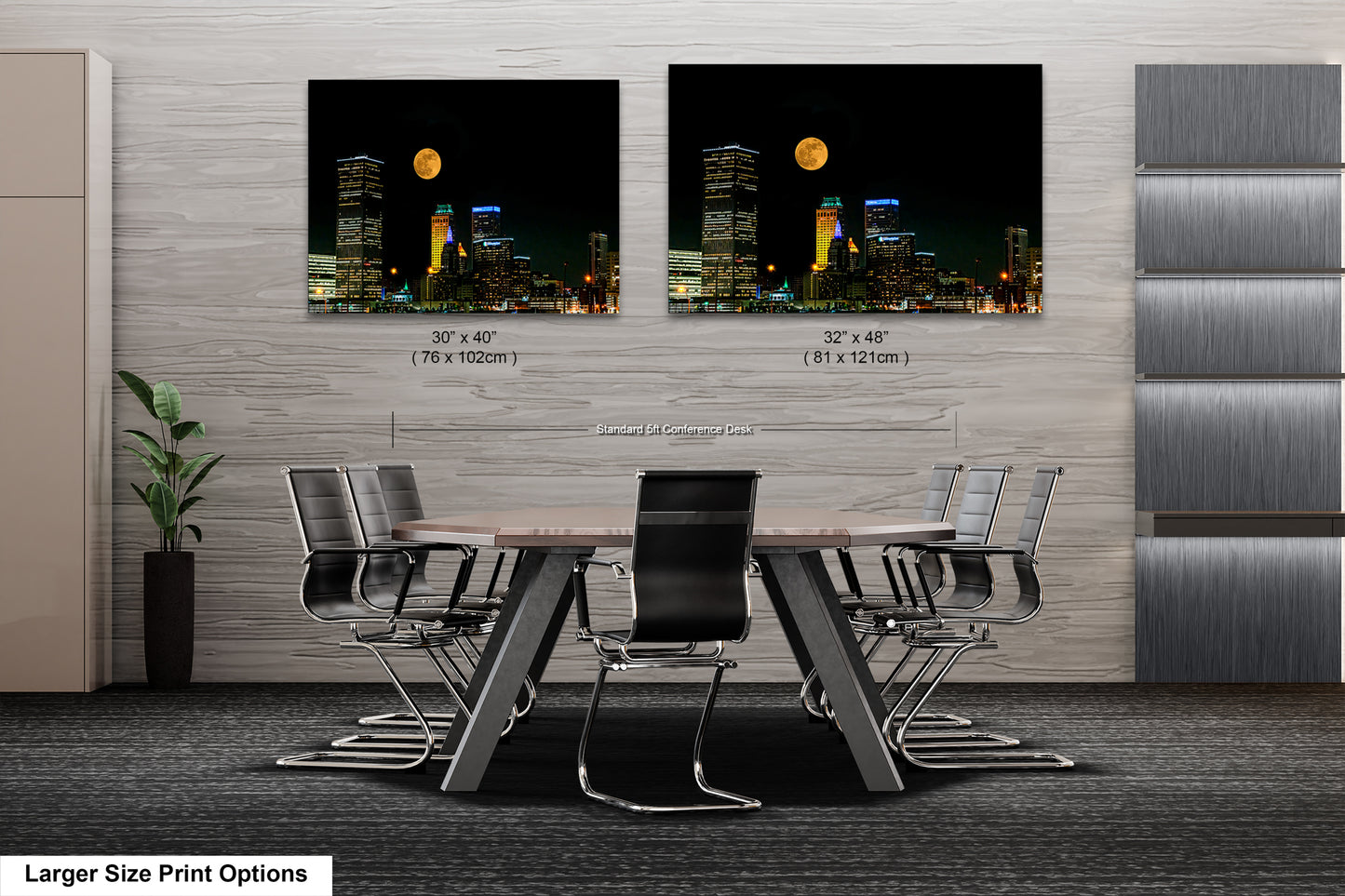 a room with a table and chairs and a picture of a city at night