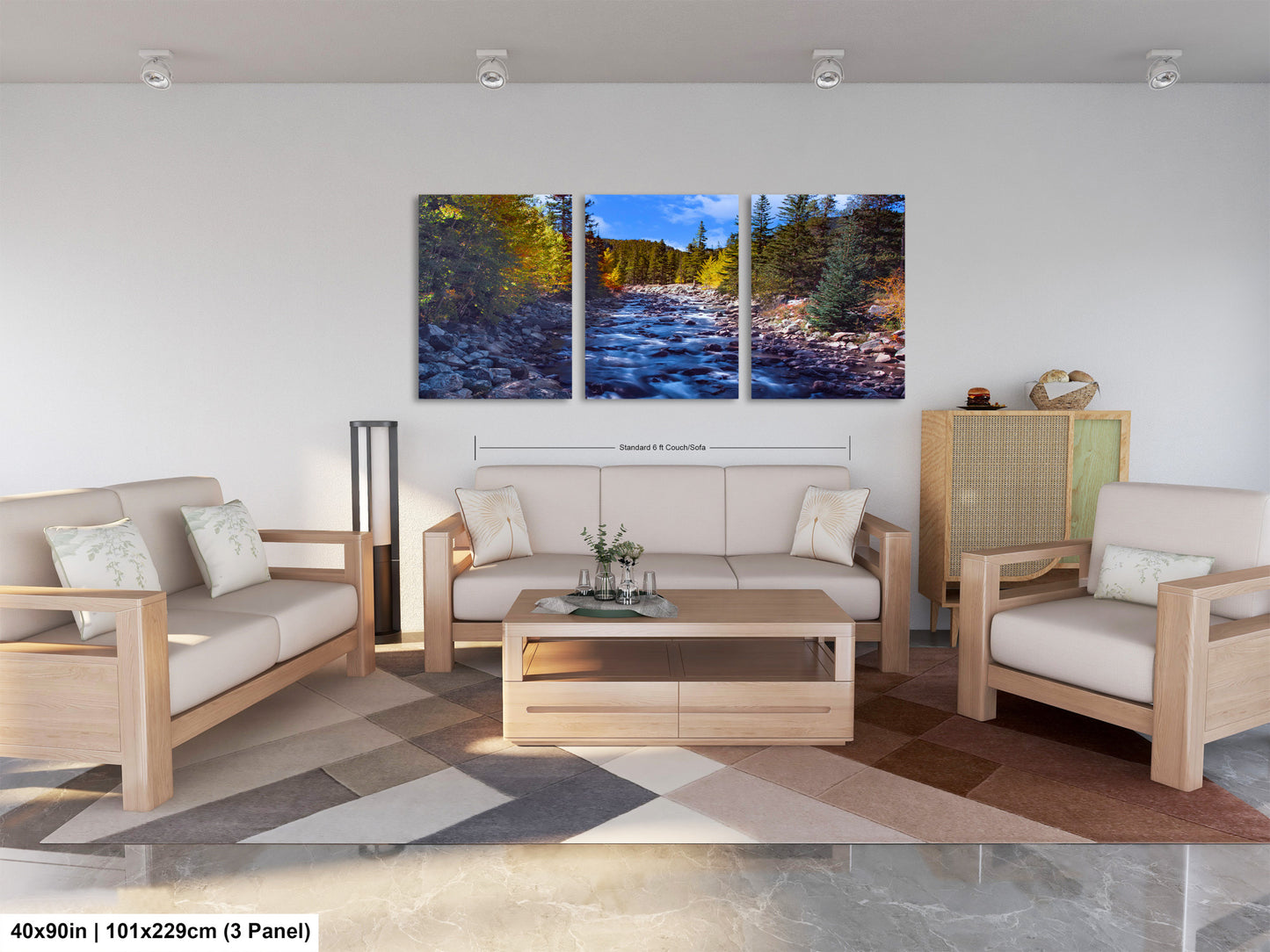 a living room filled with furniture and a painting on the wall