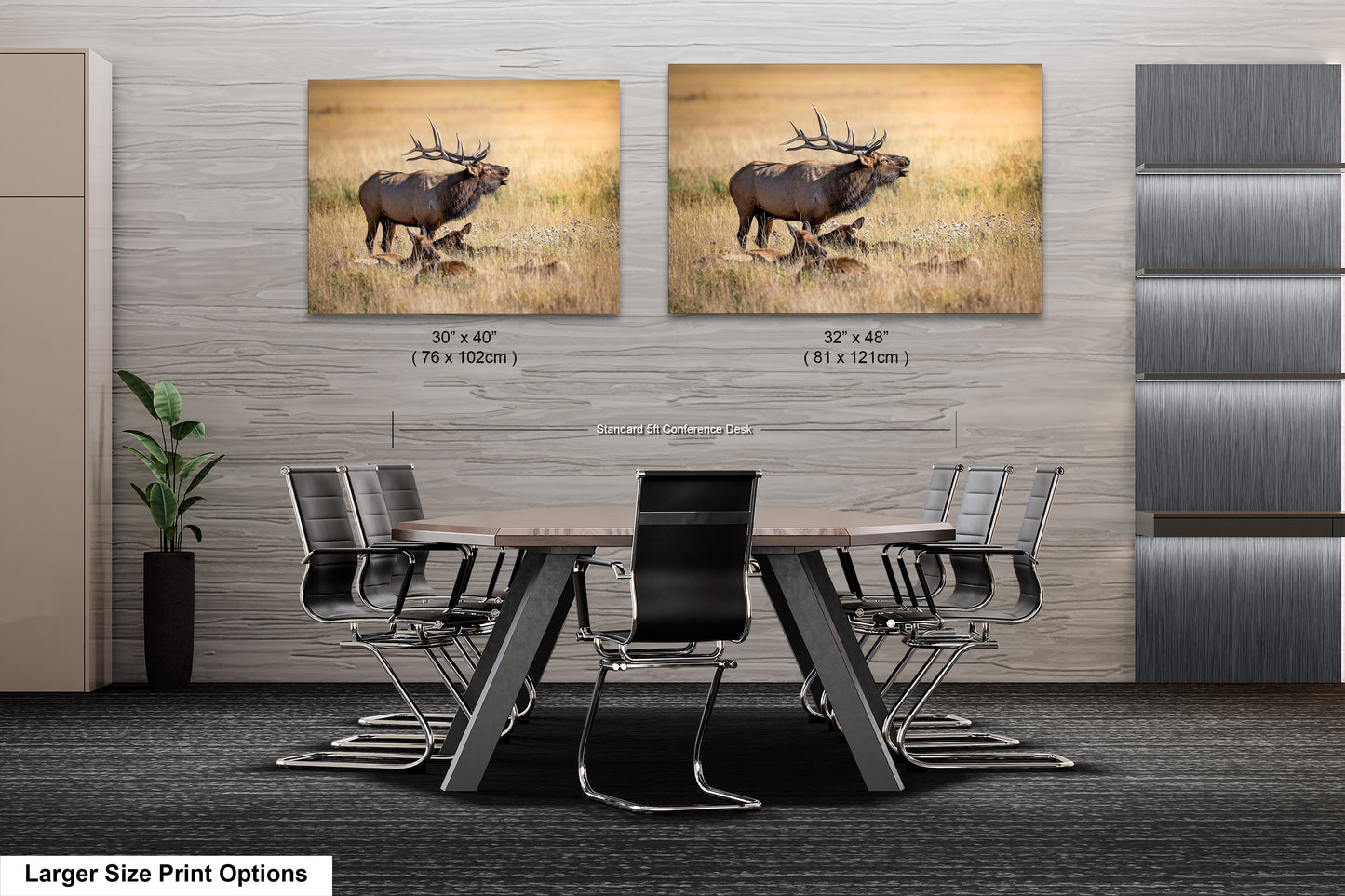 a dining room table with chairs and two pictures of an elk