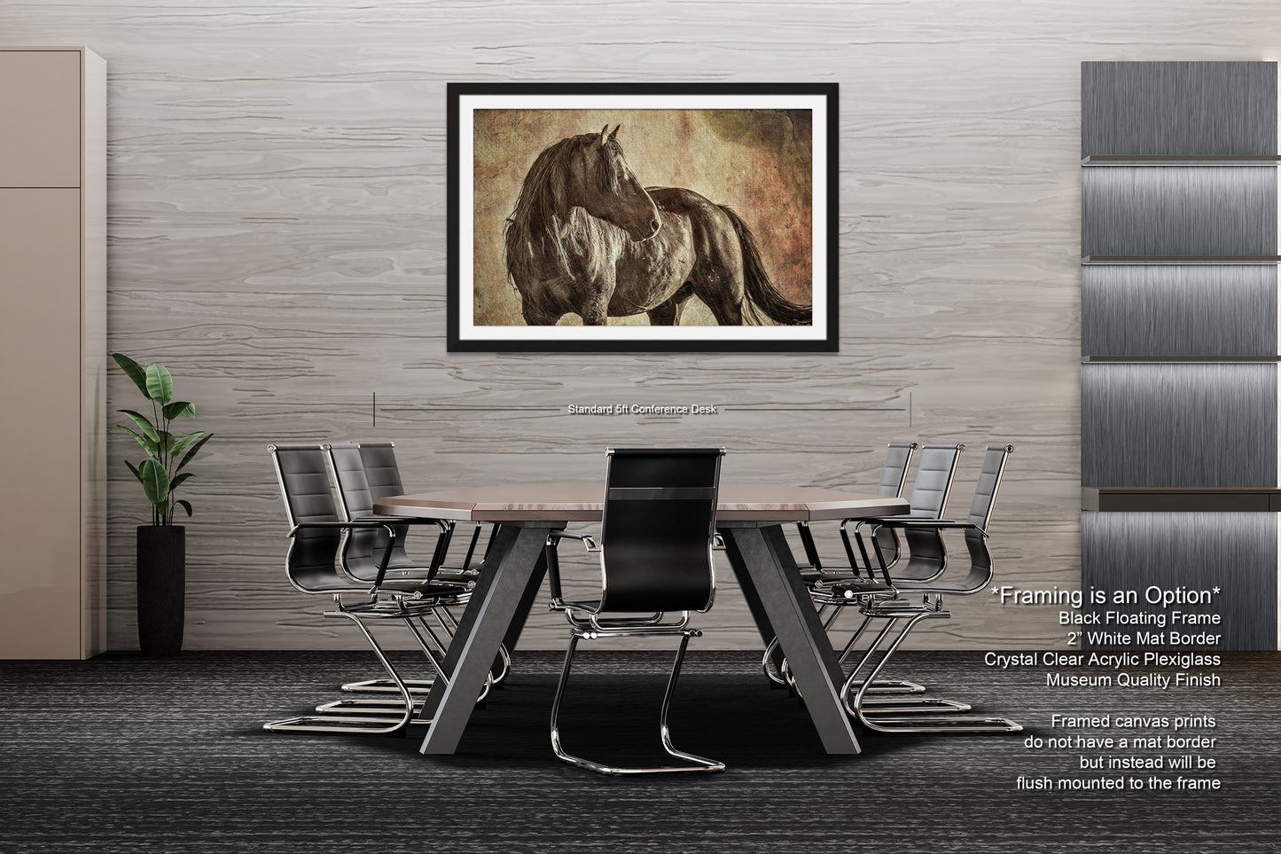 a picture of a horse on a wall above a table