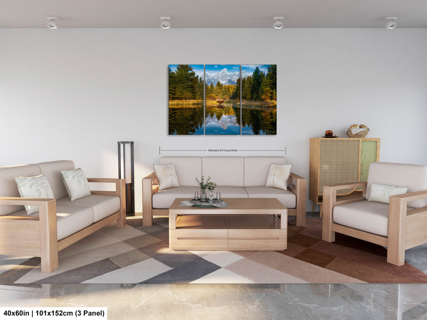 a living room filled with furniture and a painting on the wall