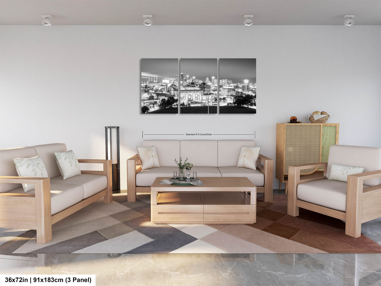 a living room filled with furniture and a painting on the wall