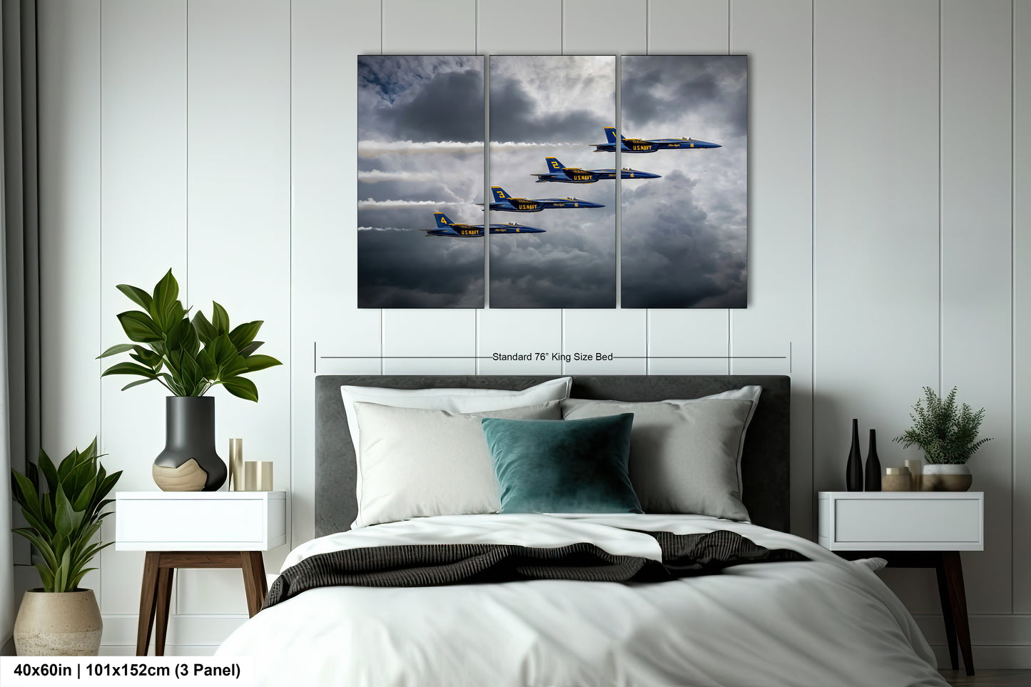 a bedroom with a bed and a painting on the wall