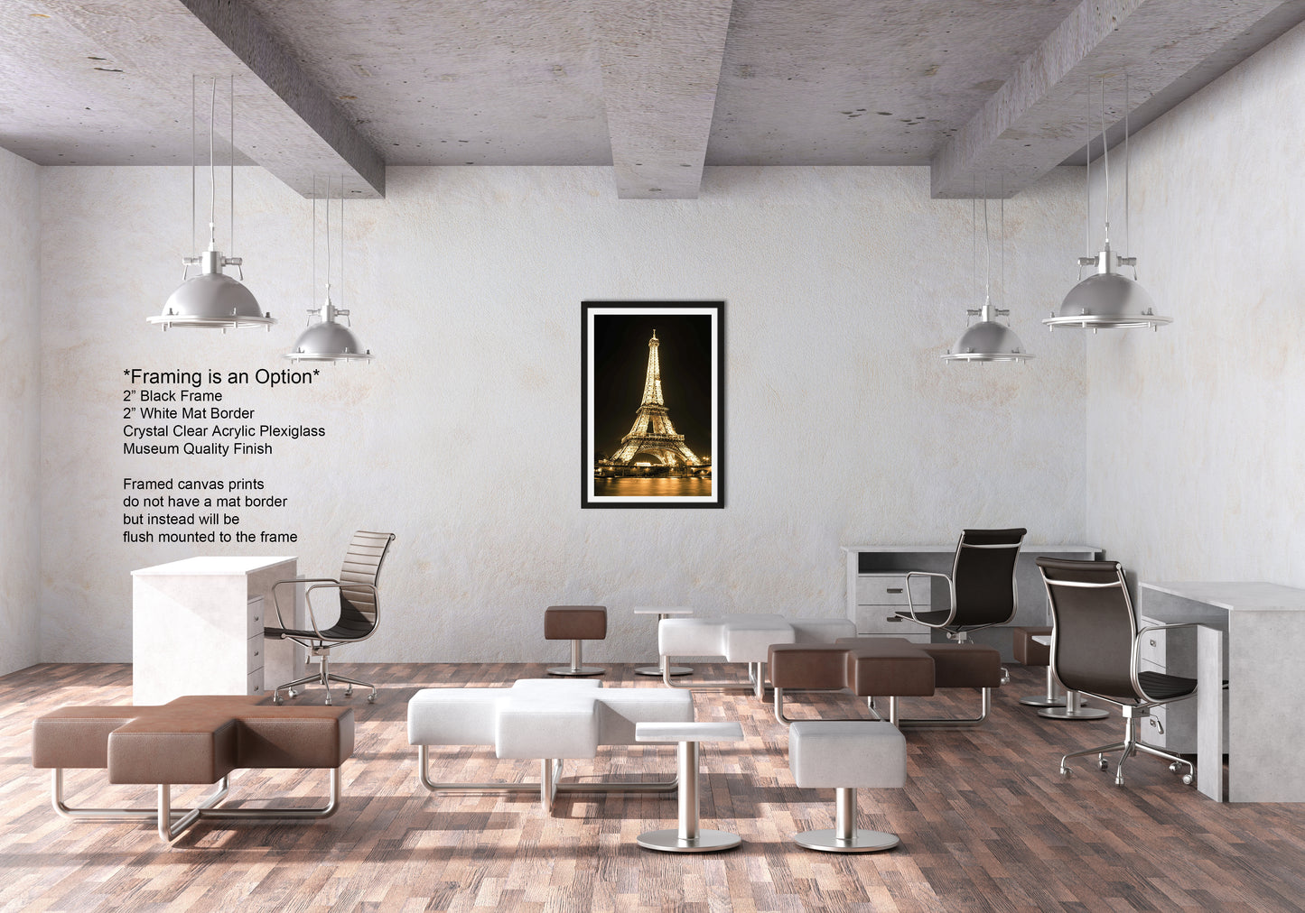 a room with chairs, a desk and a picture of the eiffel tower