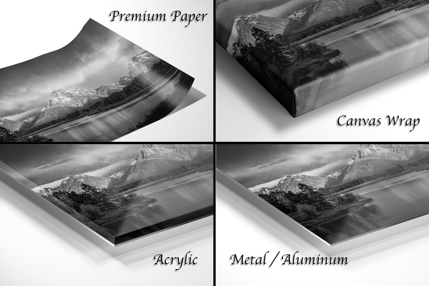 a series of four photos of a mountain range