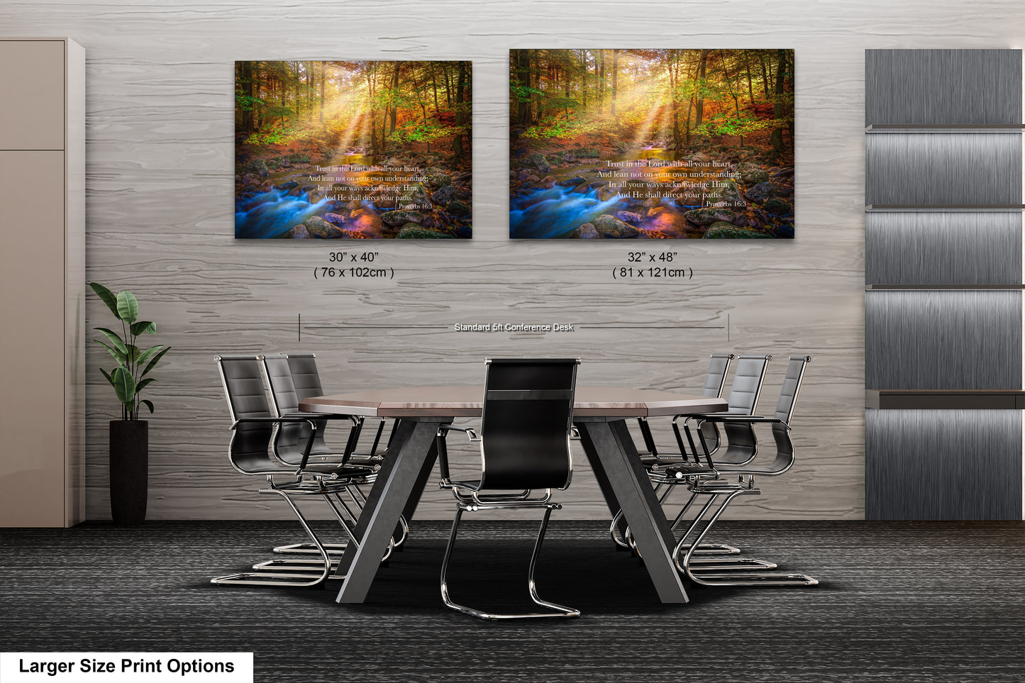a dining room table with chairs and two pictures on the wall