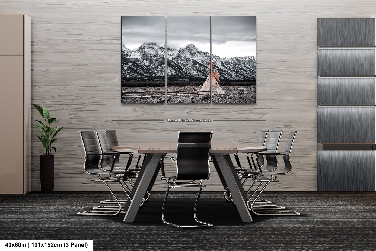 a dining room table with a black and white photo of a woman in a dress