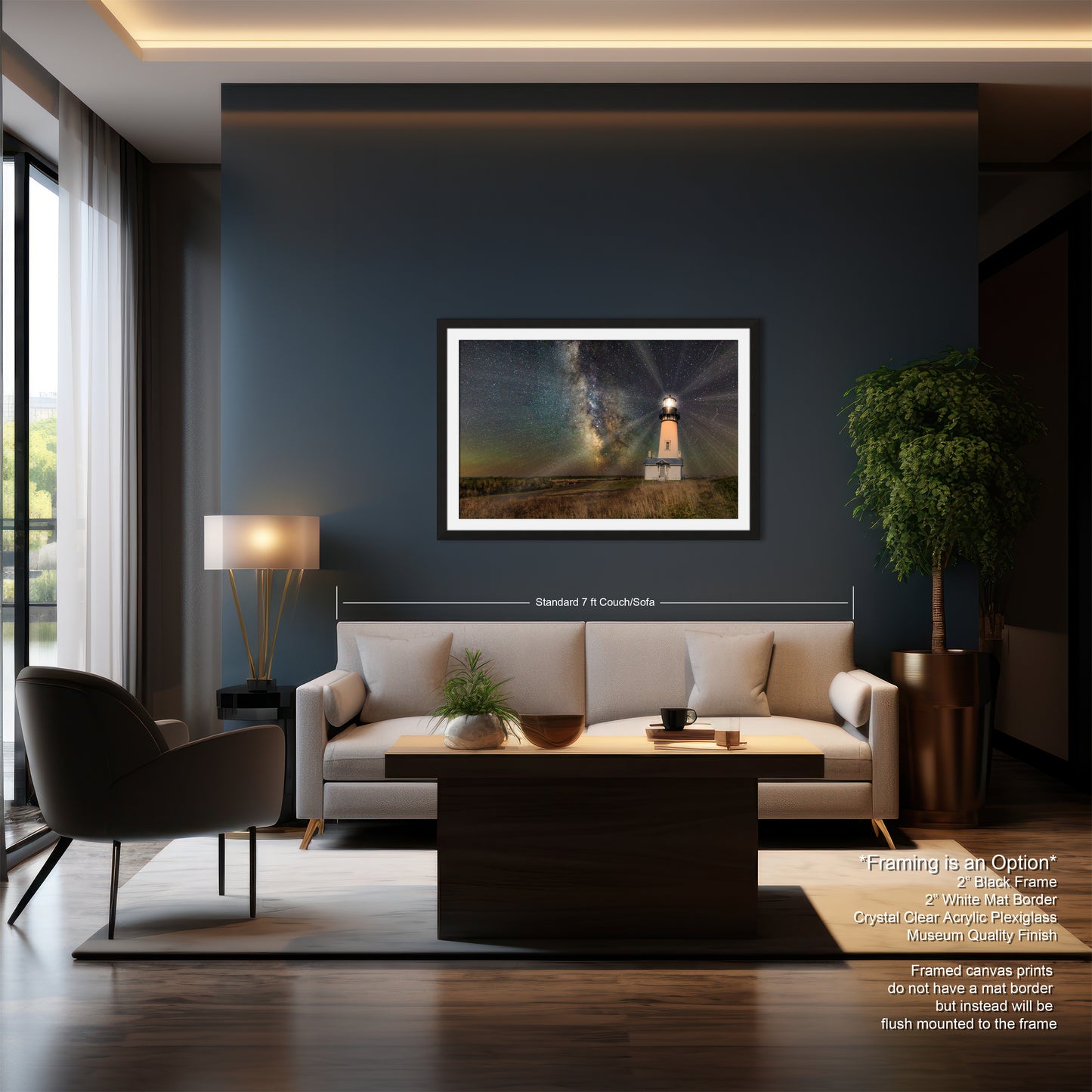 a living room with a couch a chair and a painting