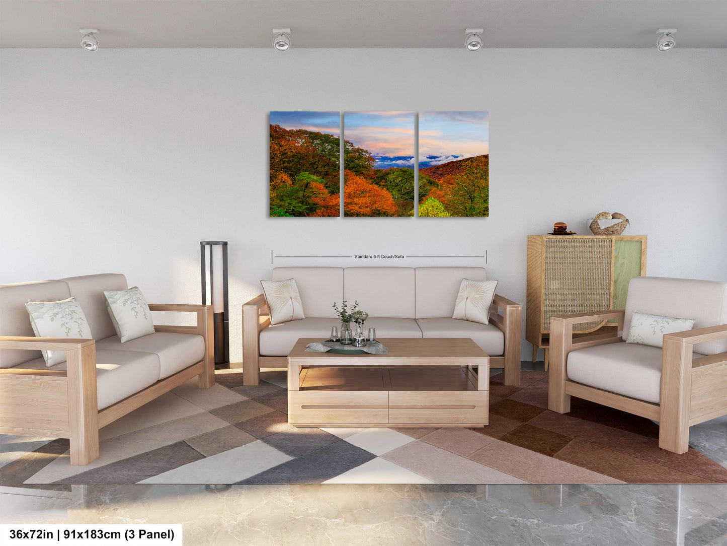 a living room filled with furniture and a painting on the wall