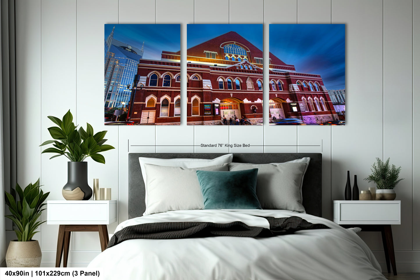 a bed room with a neatly made bed and three pictures on the wall