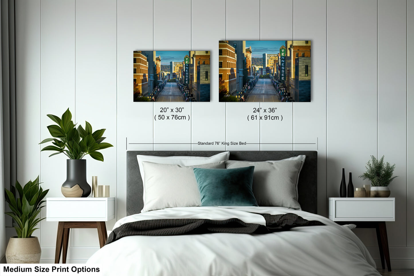a bed room with a neatly made bed and two pictures on the wall