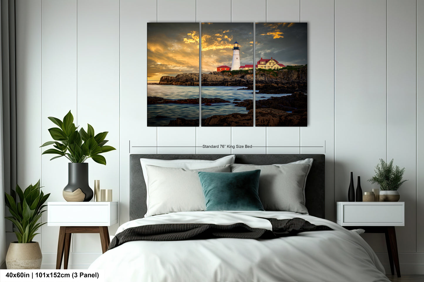 a bedroom scene with focus on the bed and the lighthouse