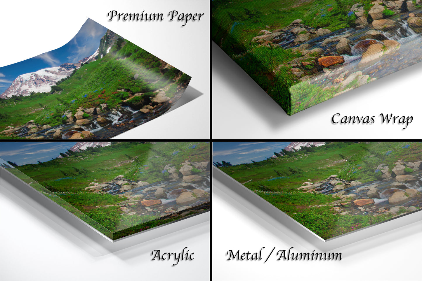 a series of four images of a mountain stream
