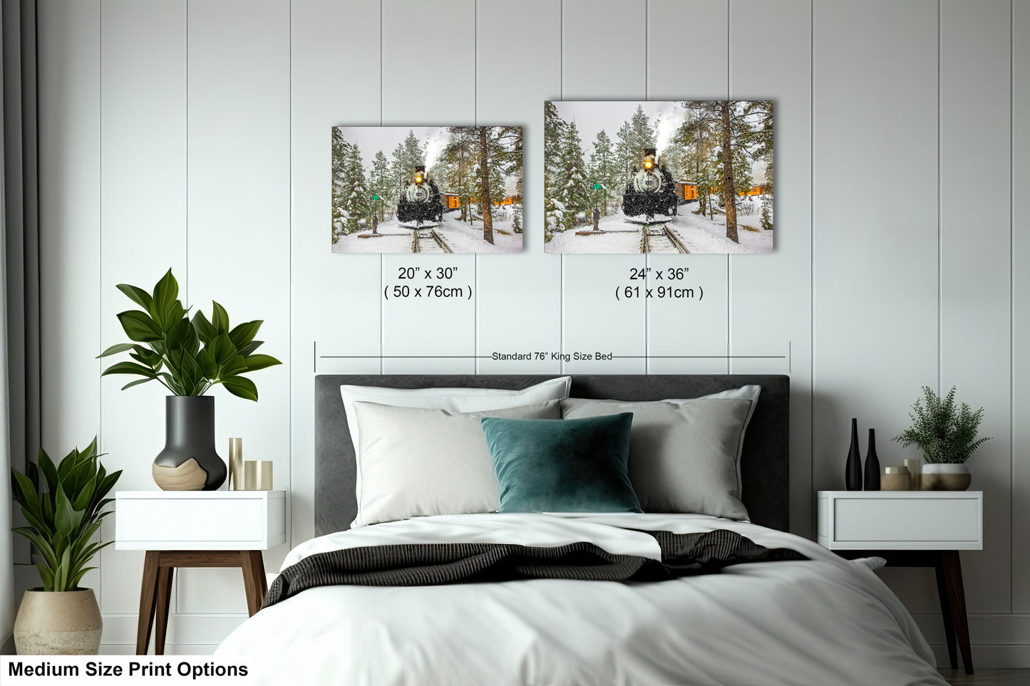 a bed room with a neatly made bed and two pictures on the wall