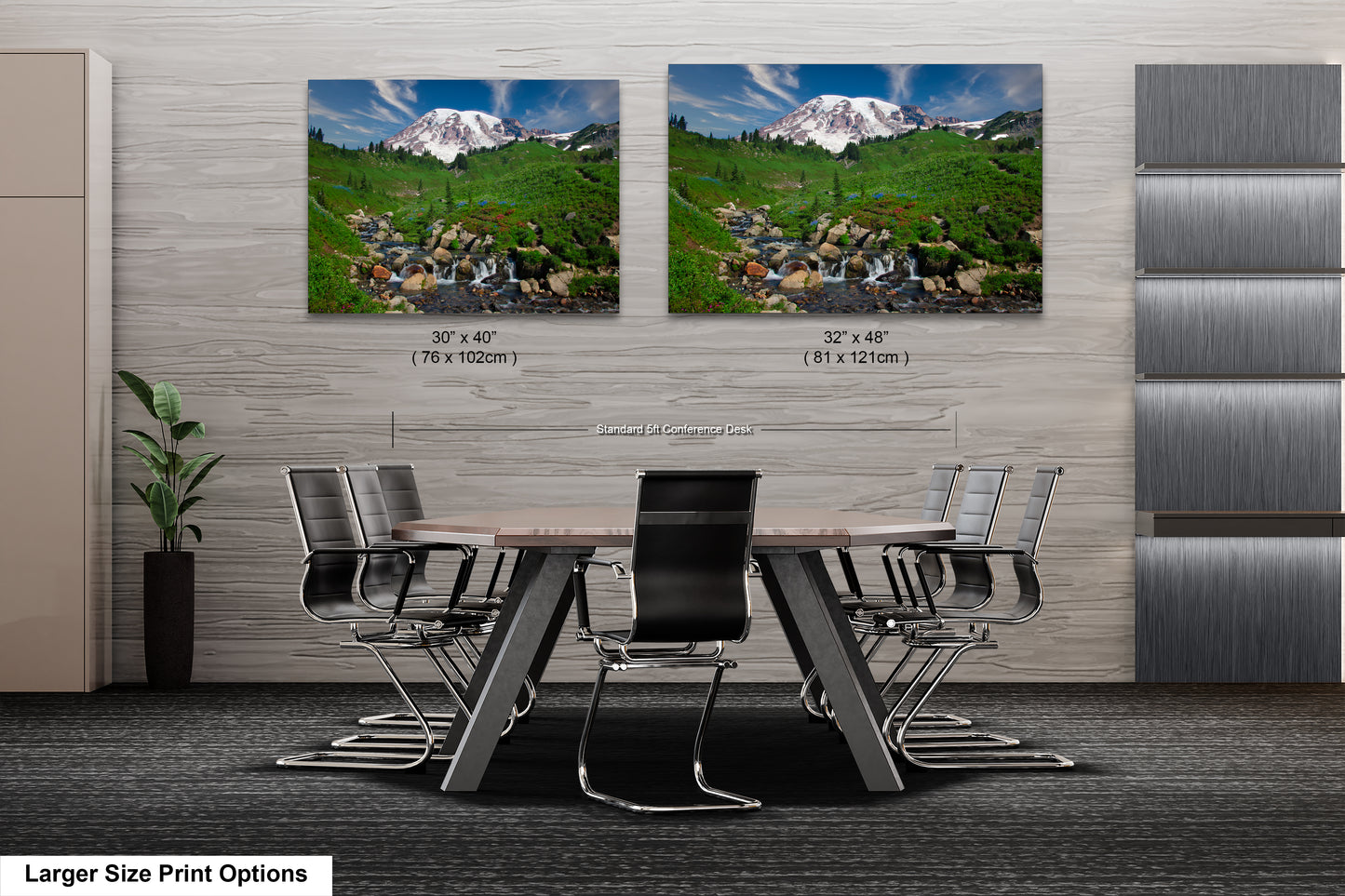 a dining room table with chairs and two pictures on the wall