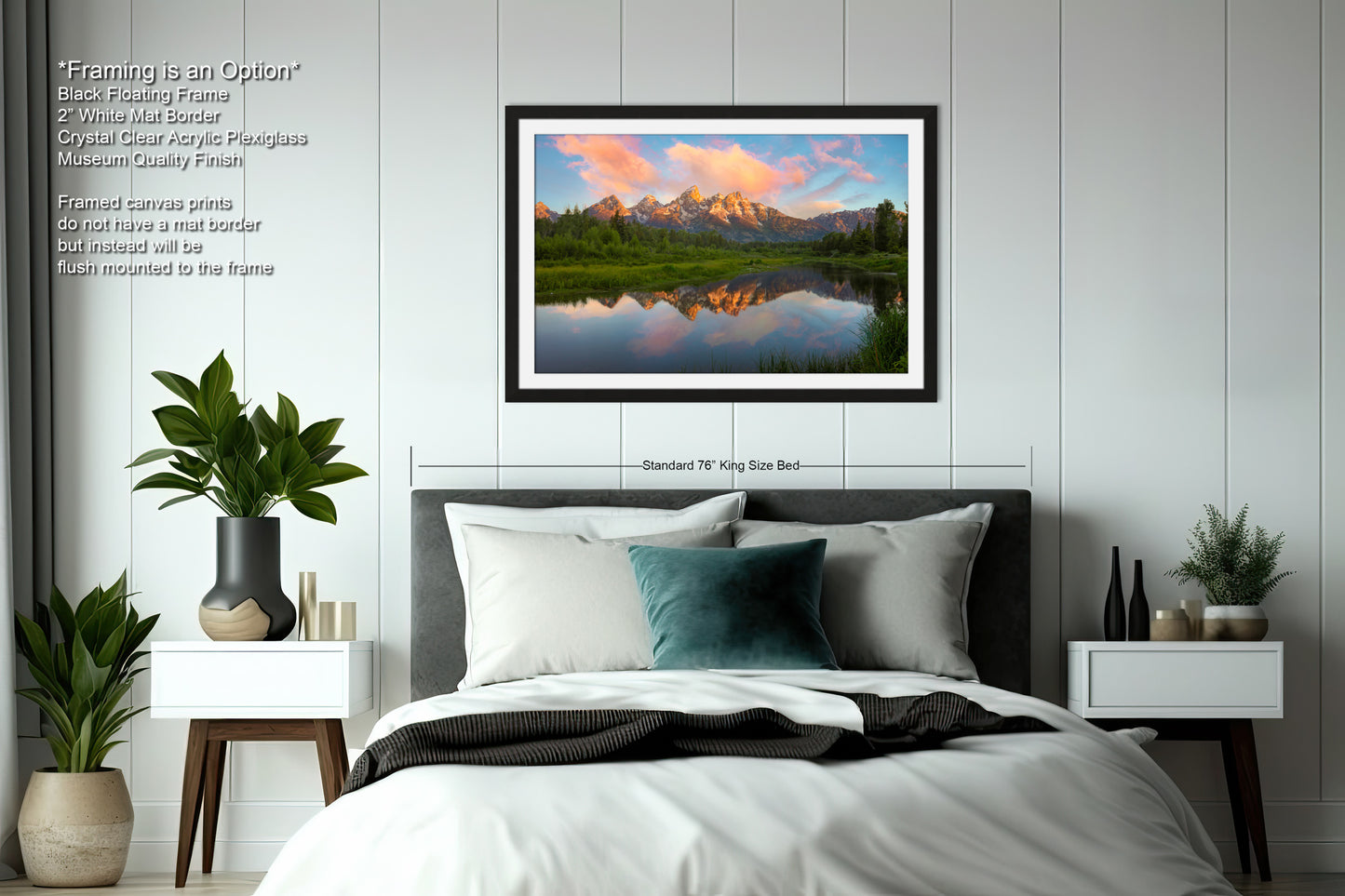 a bedroom with a large bed and a painting on the wall