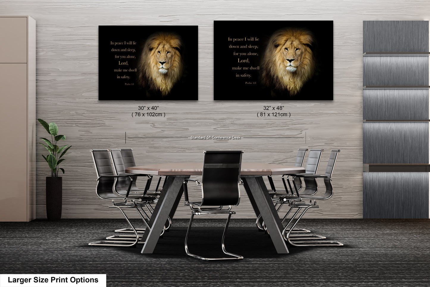 a dining room table with chairs and two pictures of lions on the wall