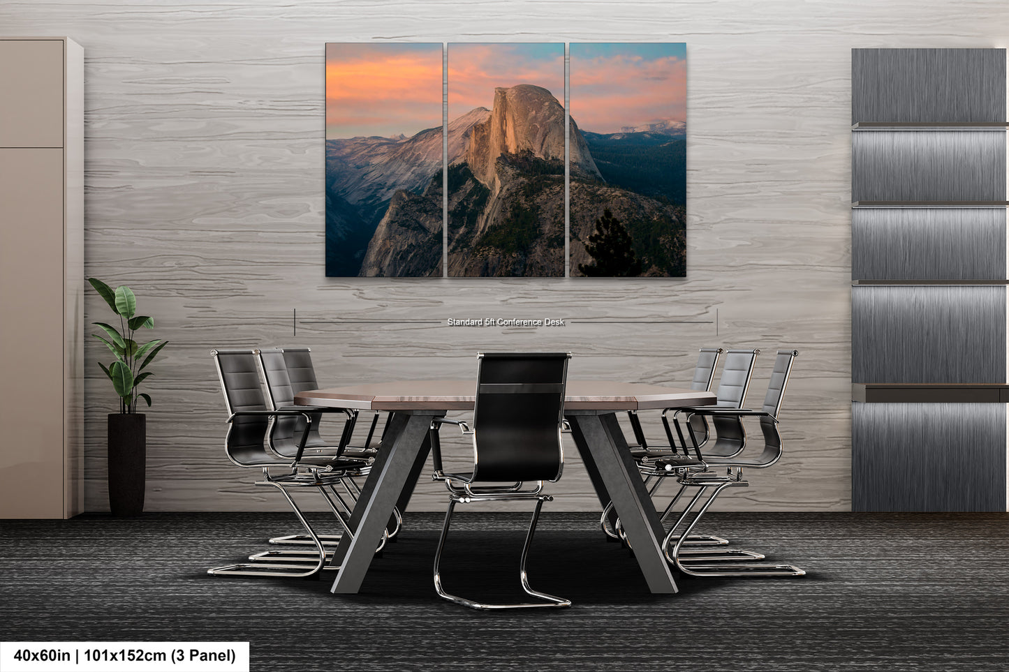 a dining room table with a mountain in the background