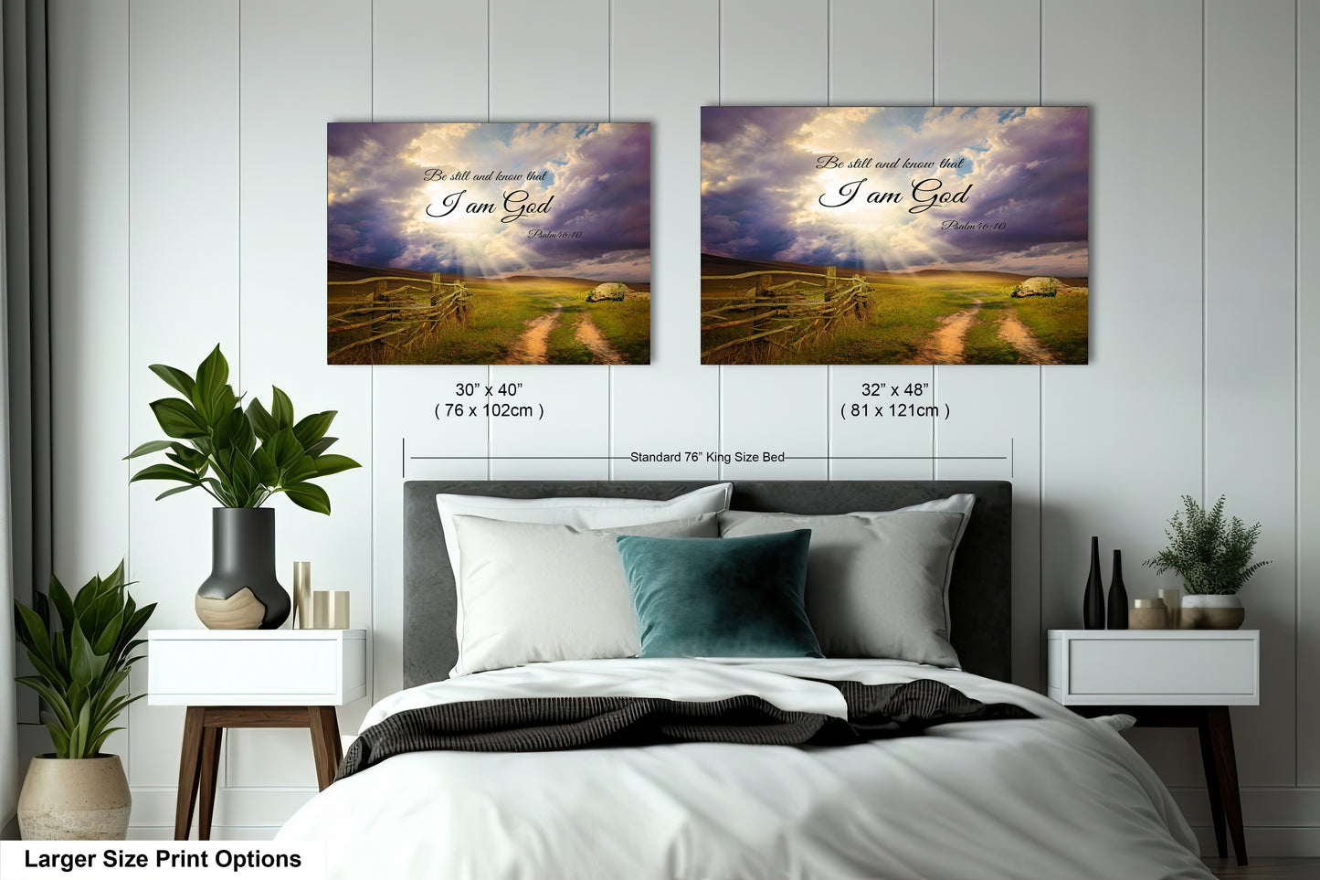 a bed with two pictures on the wall above it