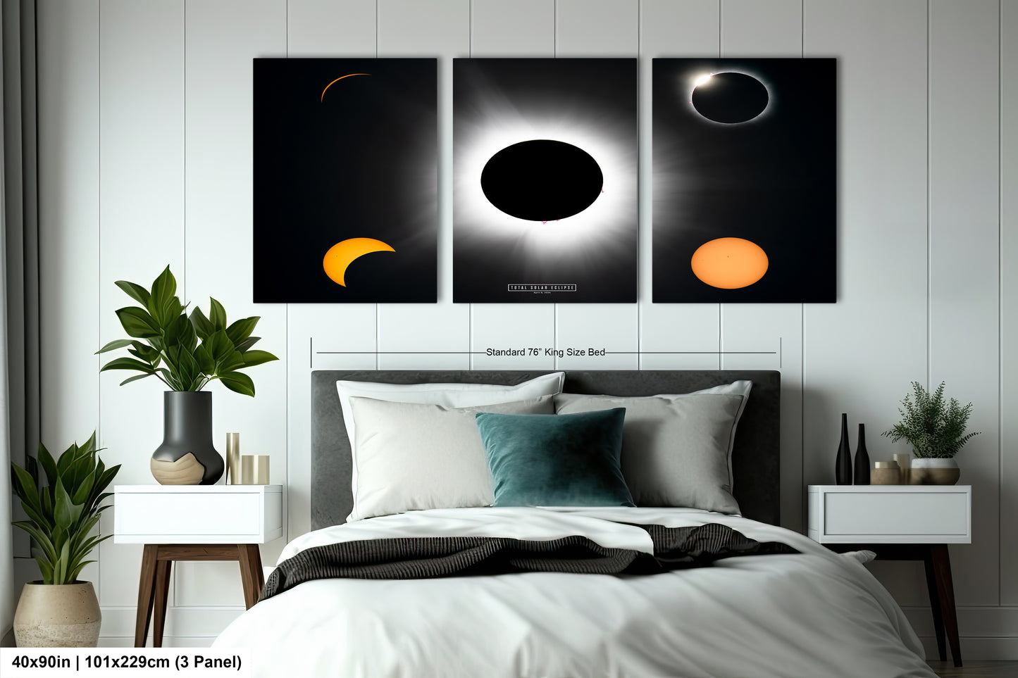 a bed with a white comforter and two paintings on the wall