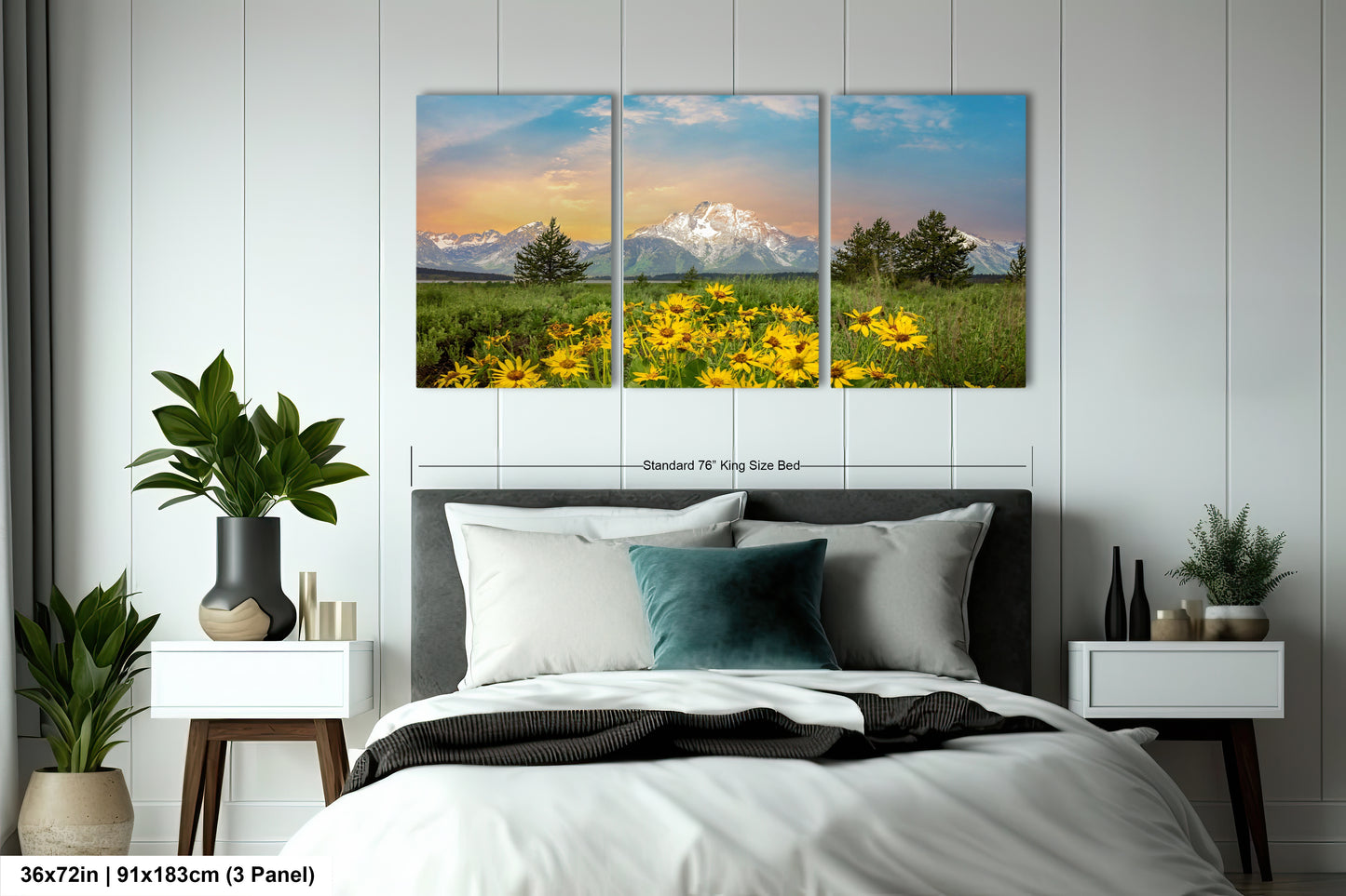 a bed room with a neatly made bed and three pictures on the wall