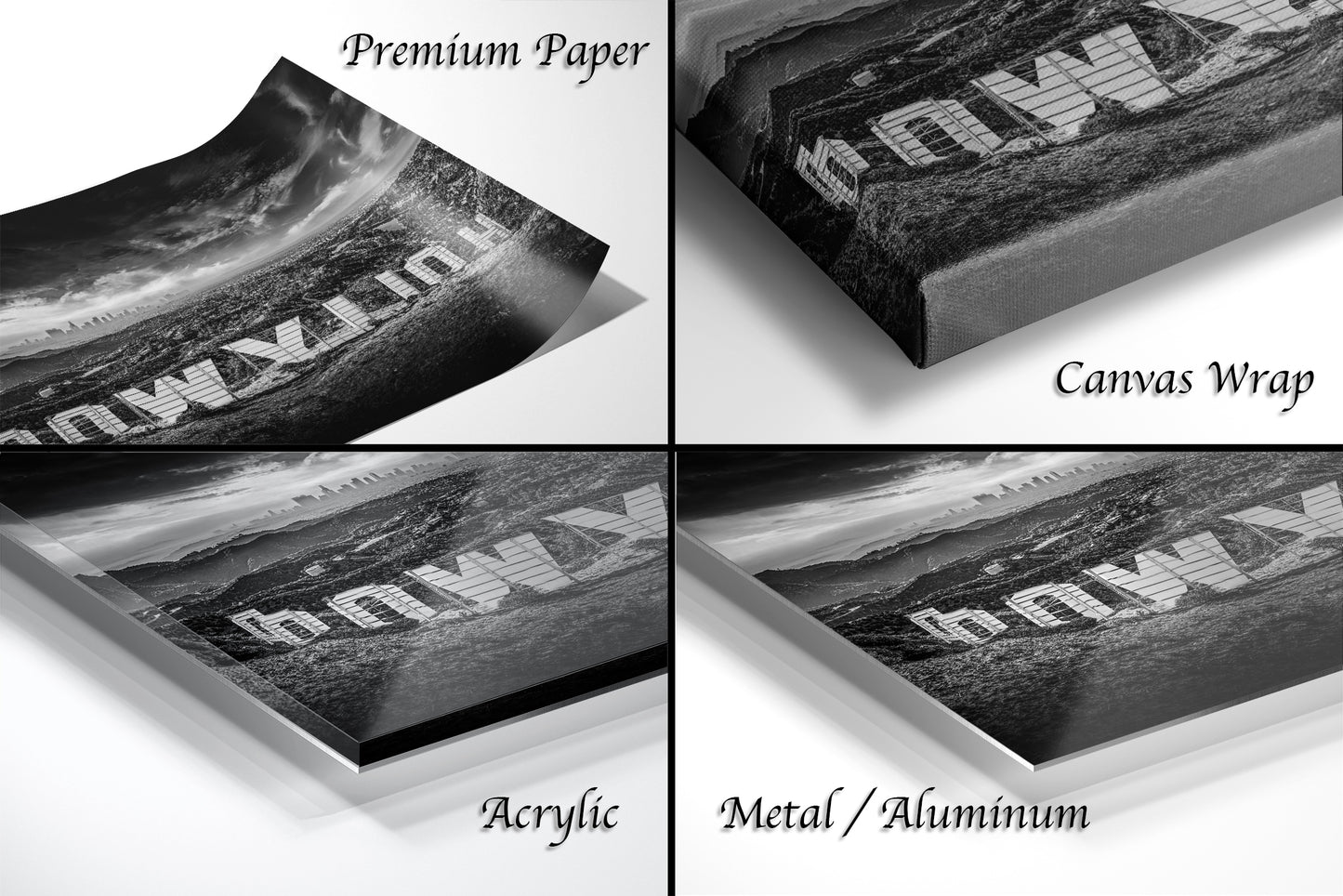 a series of four photos of a black and white landscape