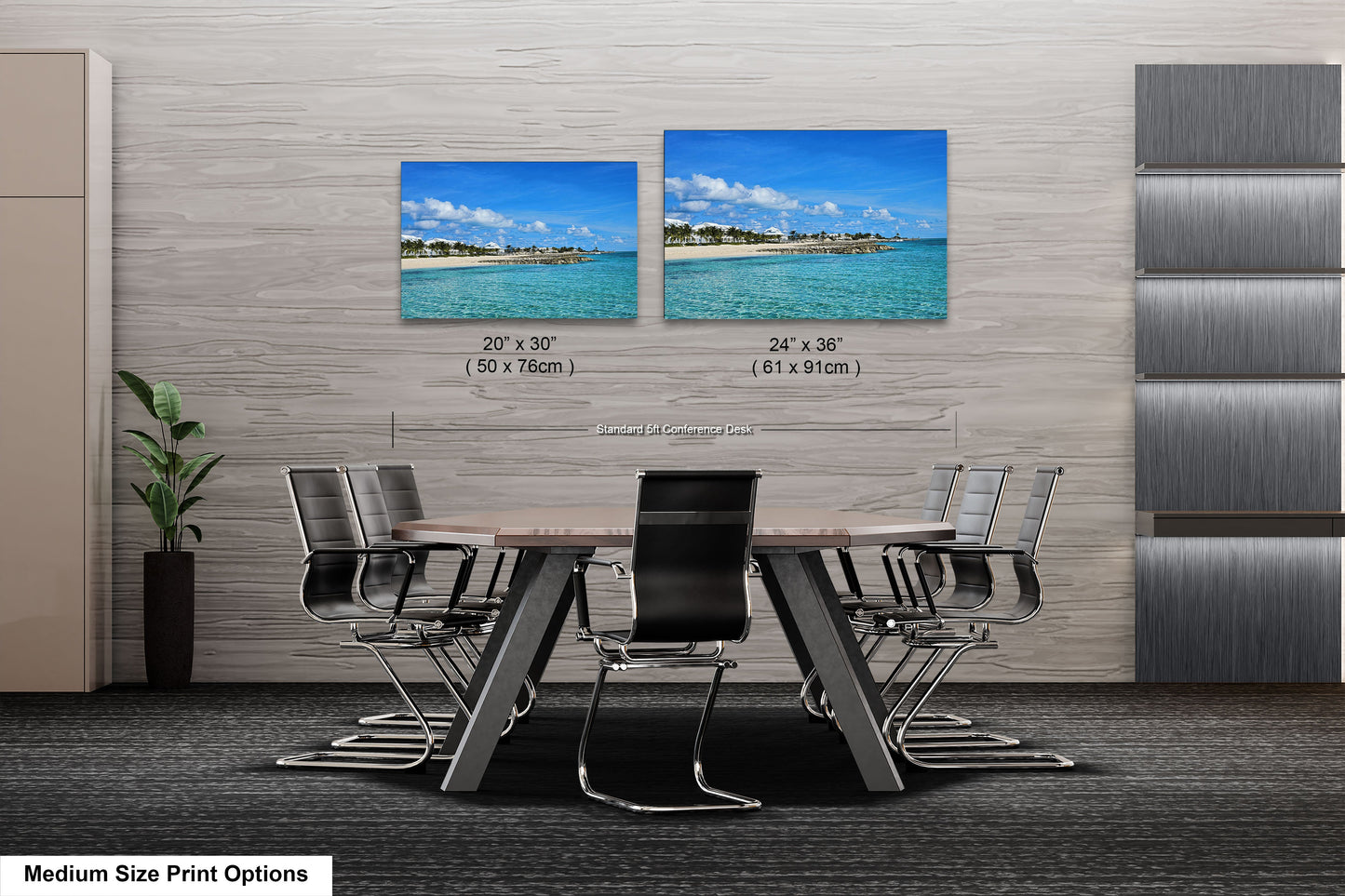 a dining room table with chairs and two pictures on the wall