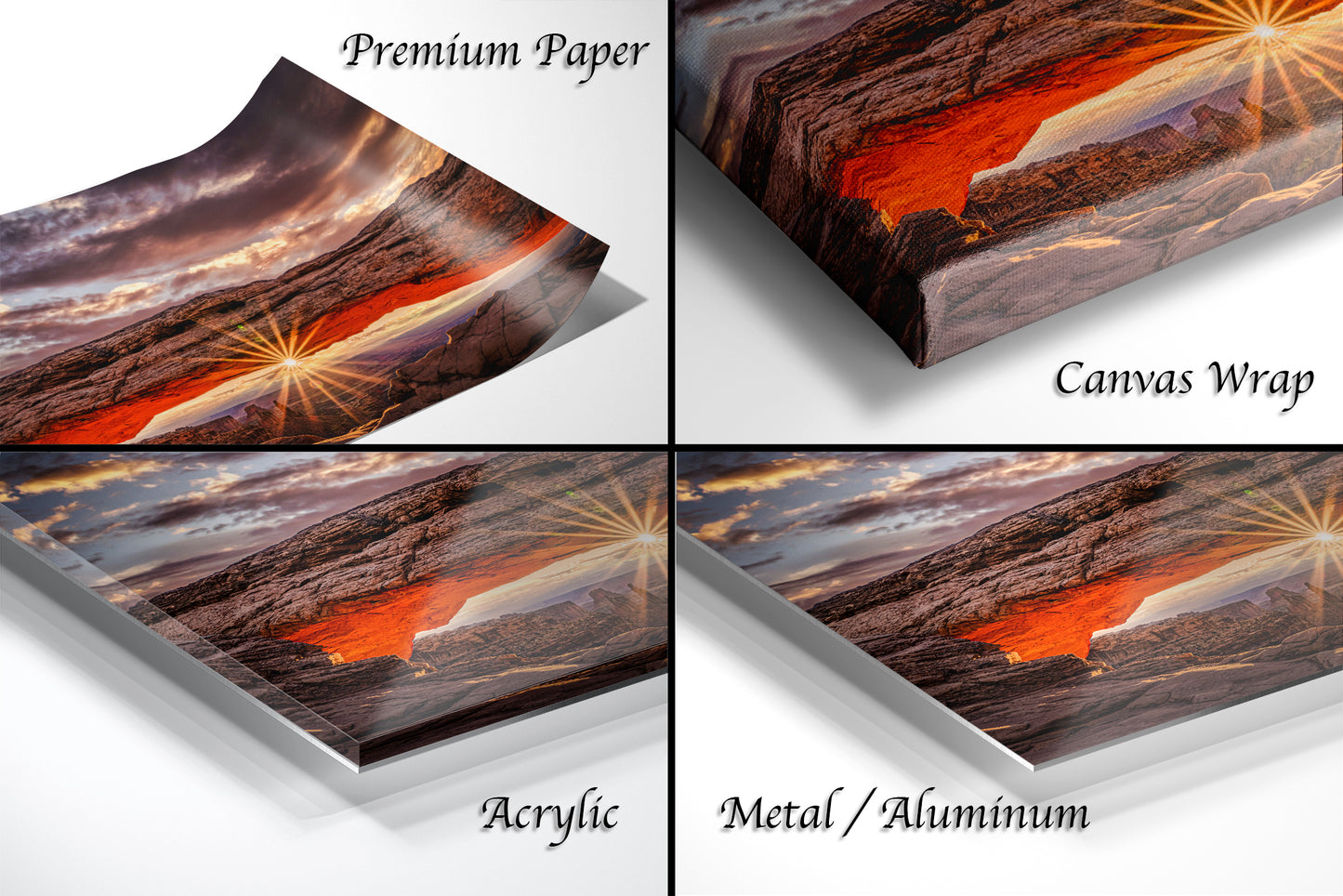 a series of four photos of a desert landscape