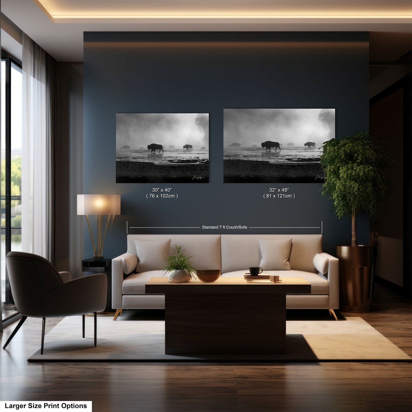 a living room with two pictures on the wall