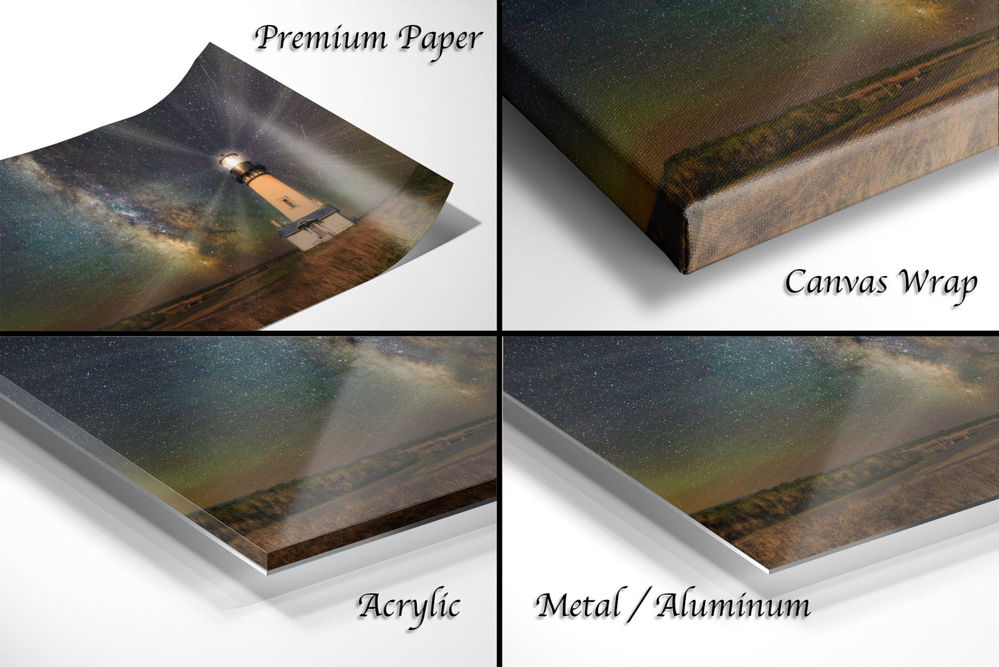 a series of four images of a lighthouse under a night sky