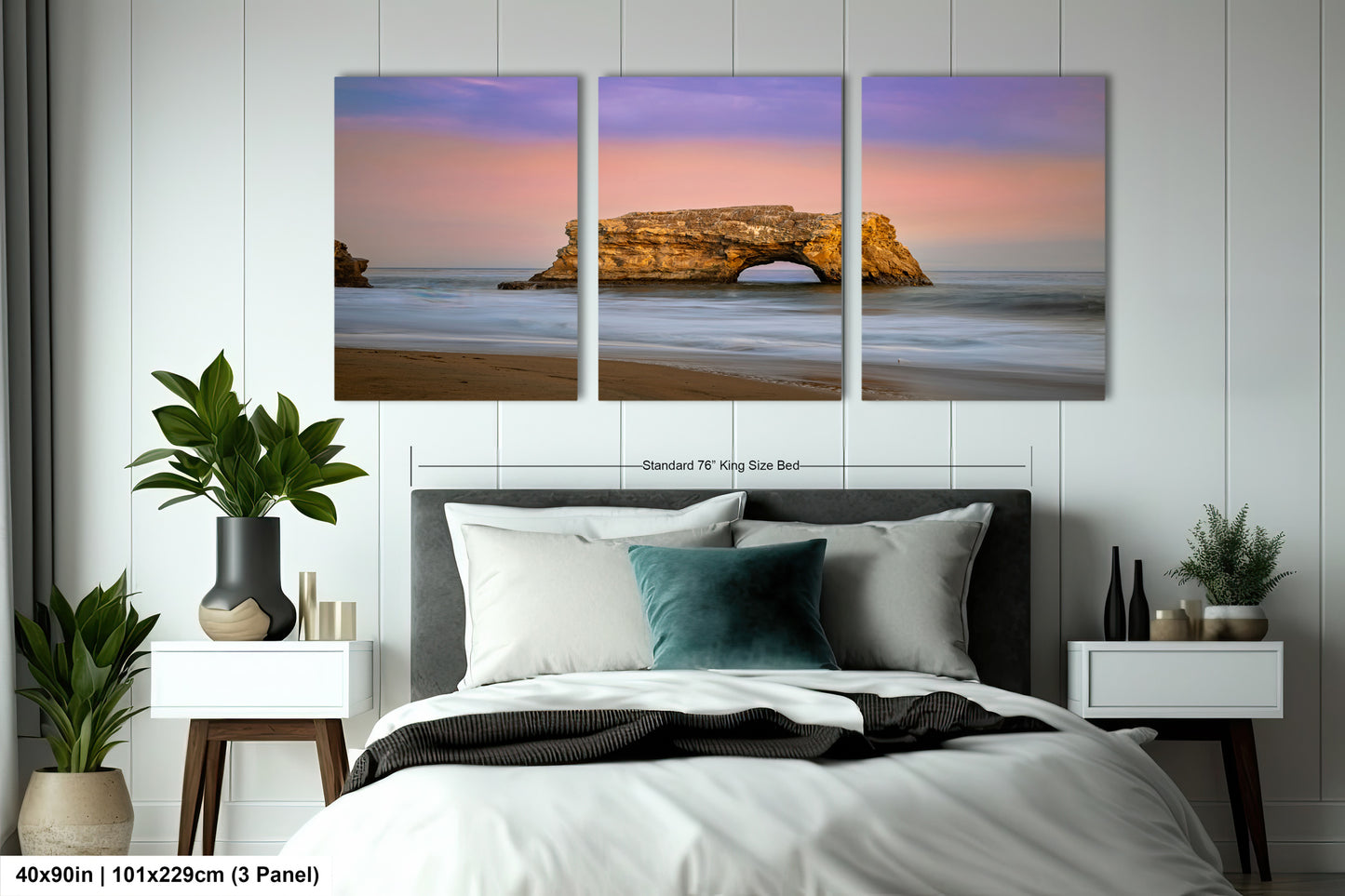 a bed room with a bed and a painting on the wall