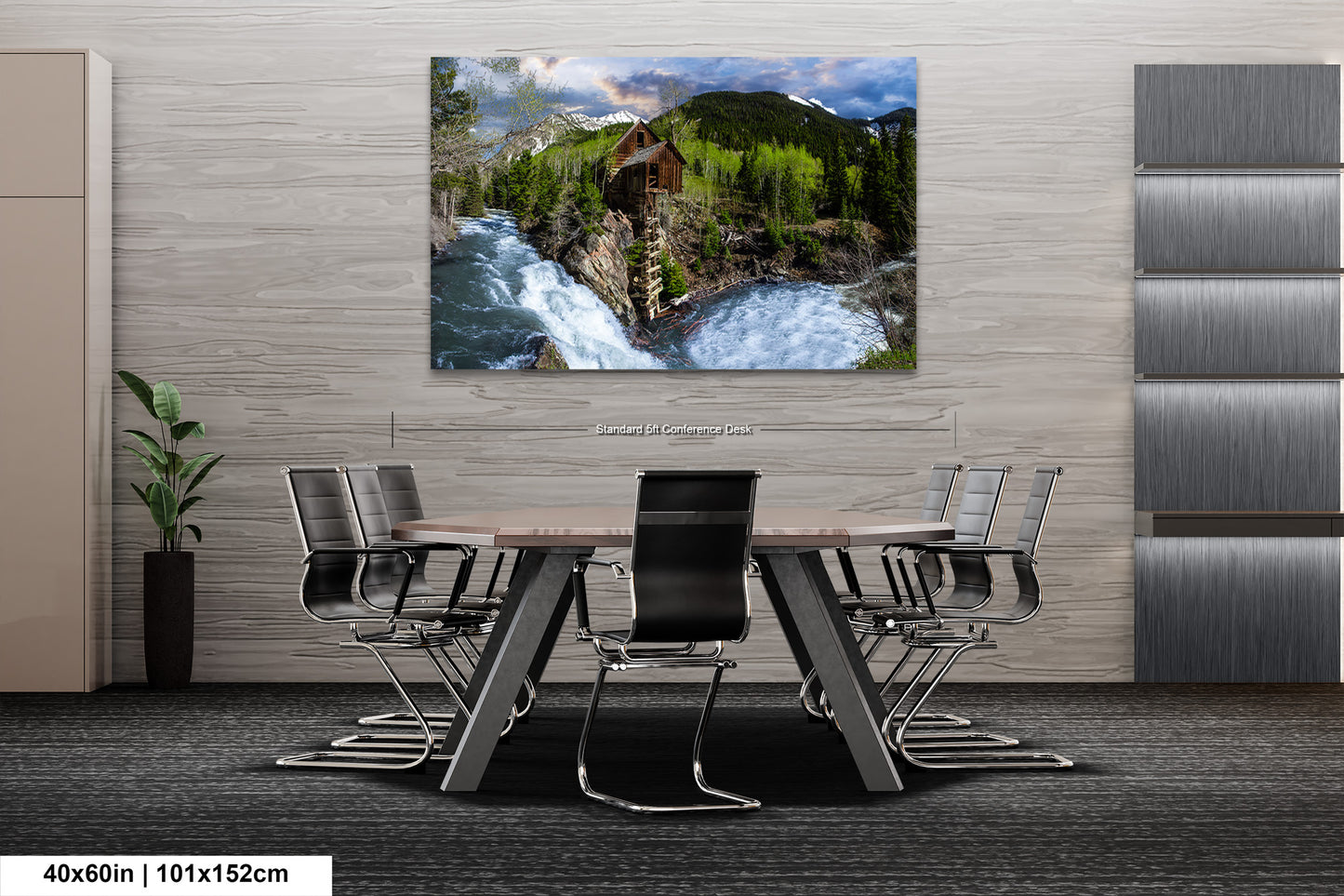a dining room table with chairs and a painting on the wall
