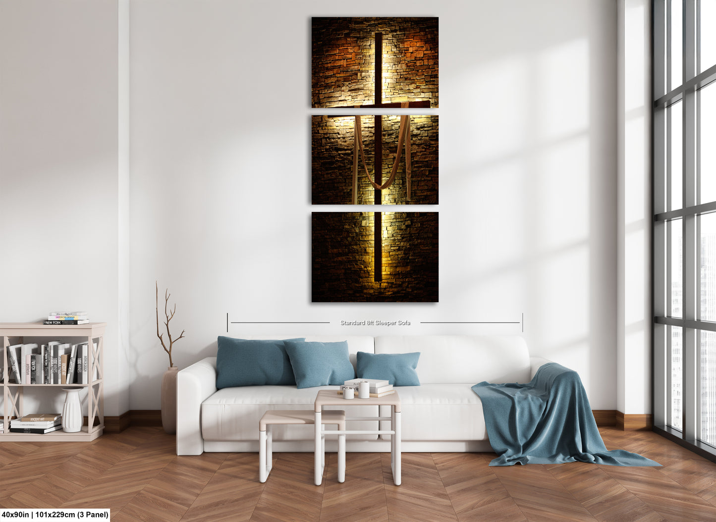 a living room with a couch and a painting on the wall