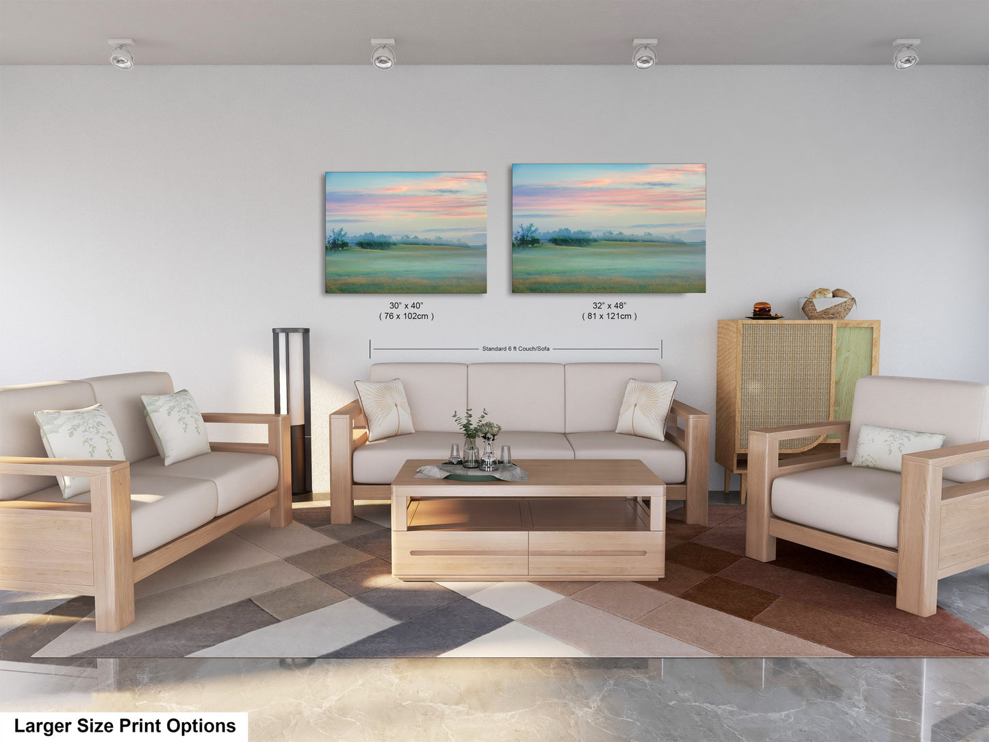 a living room filled with furniture and a painting on the wall