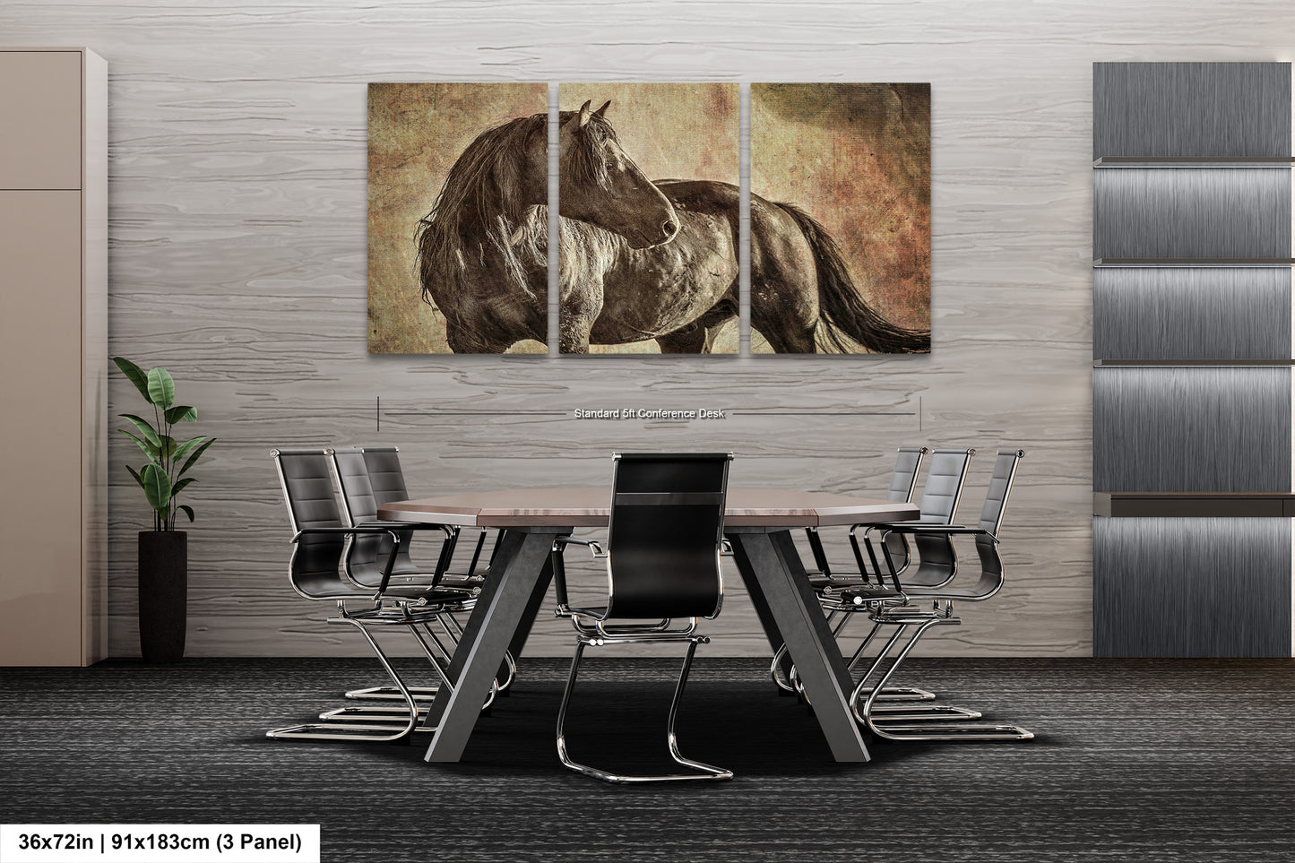 a painting of a horse on a wall in a dining room