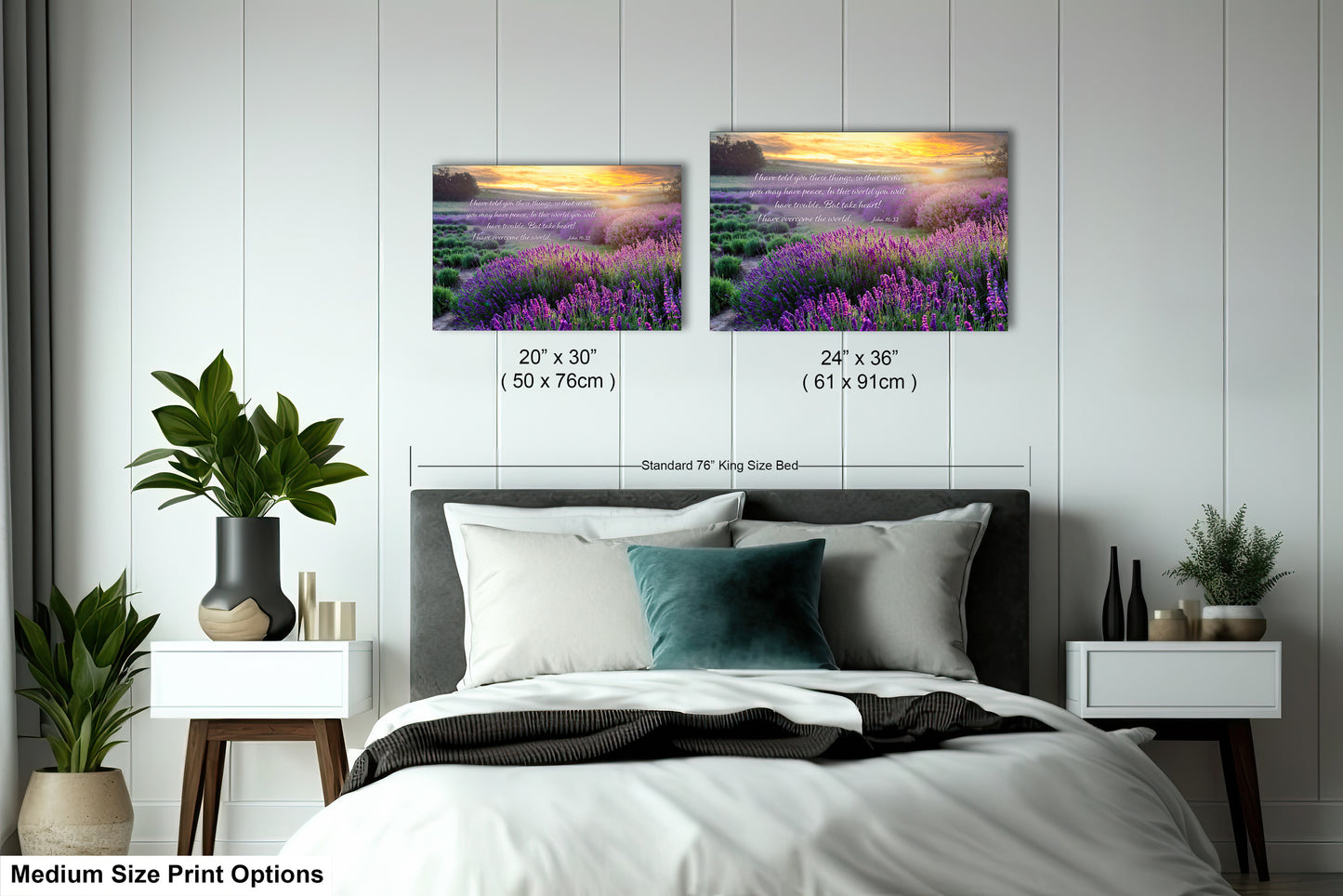 a bedroom with a bed and two pictures on the wall