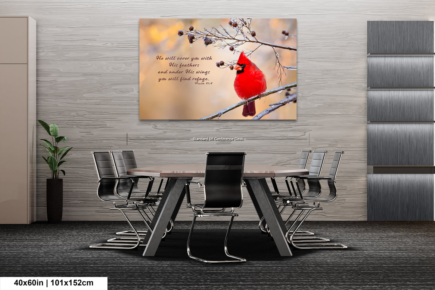 a cardinal sits on a branch in a dining room