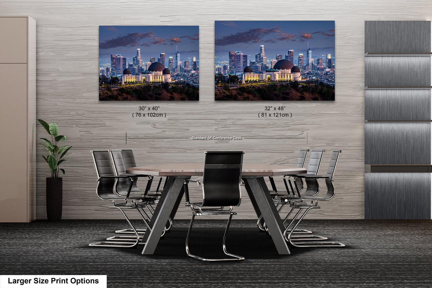 a dining room table with chairs and a picture of a city
