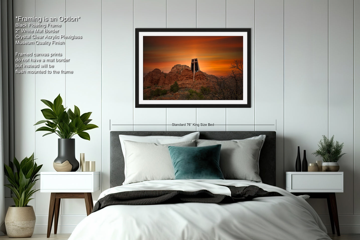 a bedroom with a bed and a picture hanging on the wall