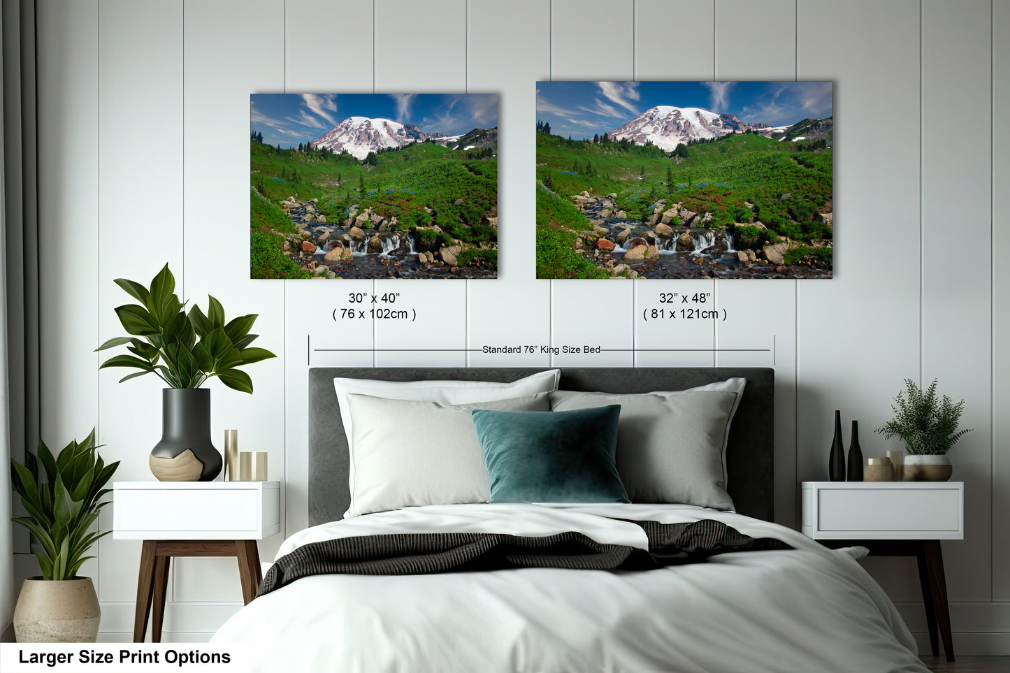 a bedroom with a bed and two pictures on the wall