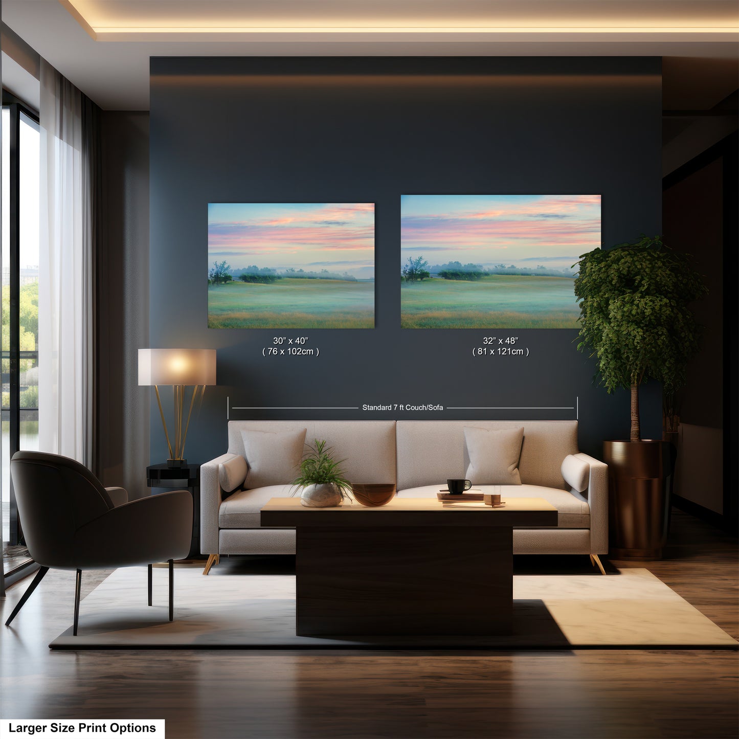 a living room with two paintings on the wall