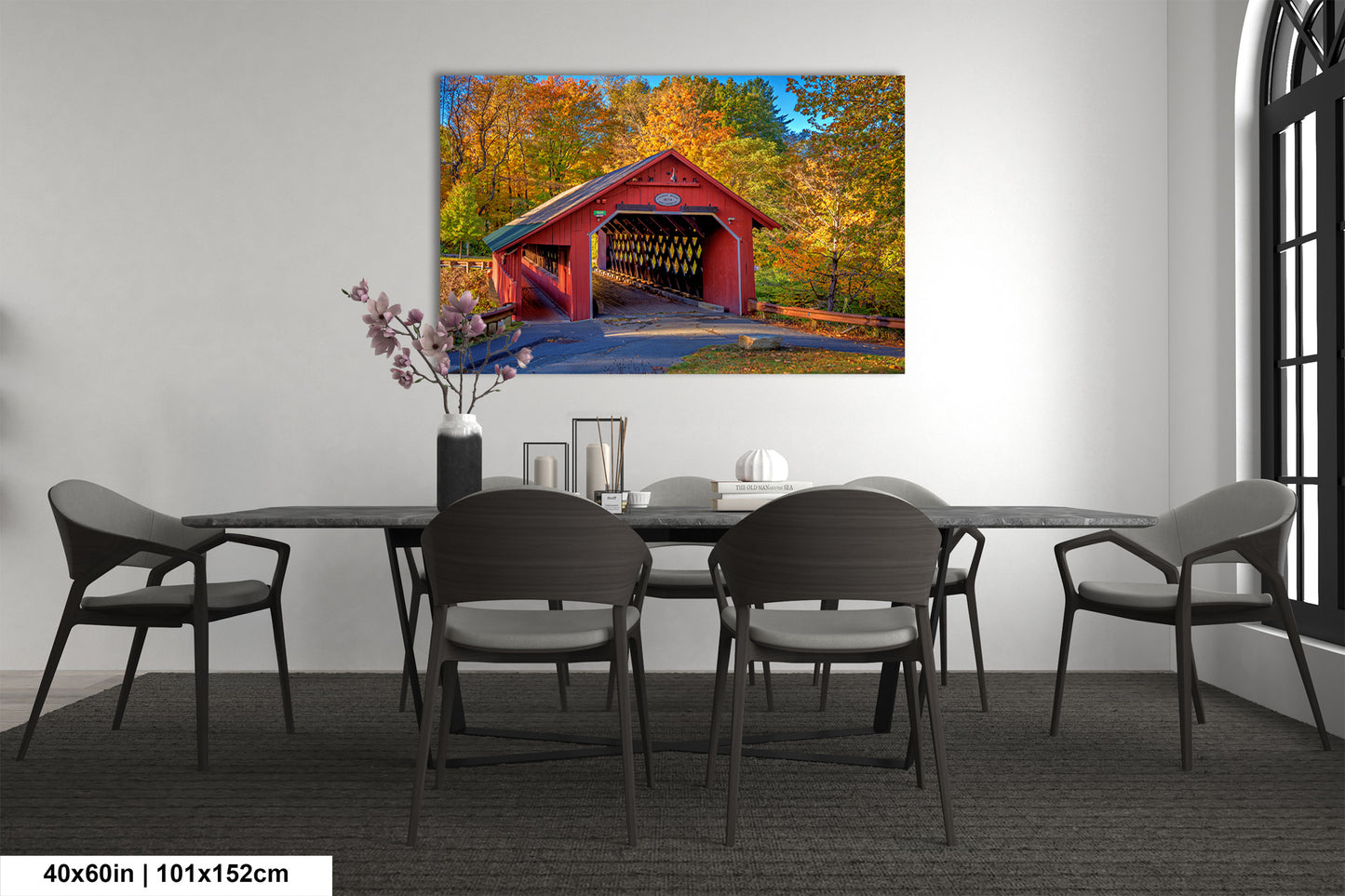 a painting of a covered bridge in autumn