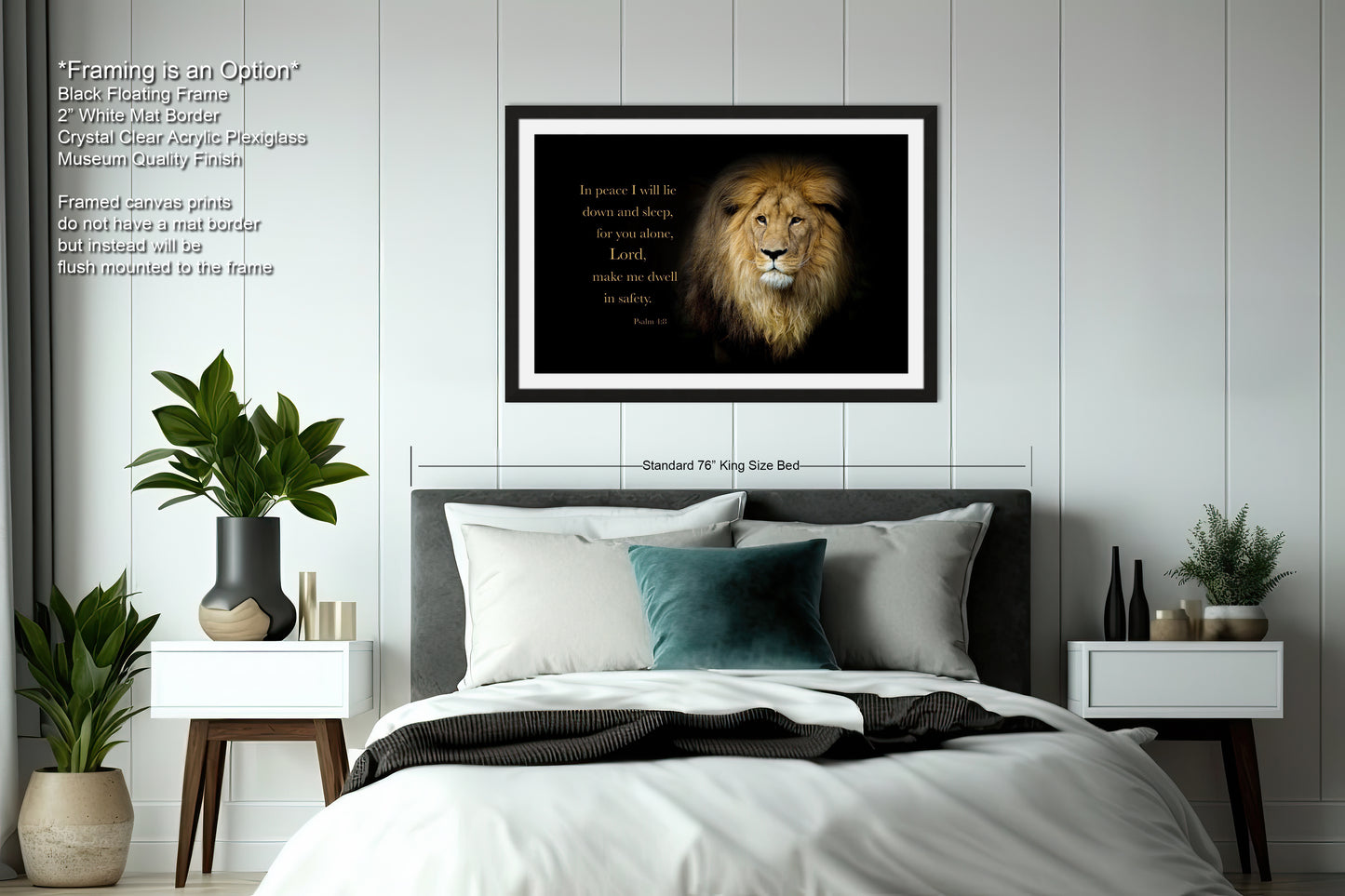a picture of a lion on a wall above a bed