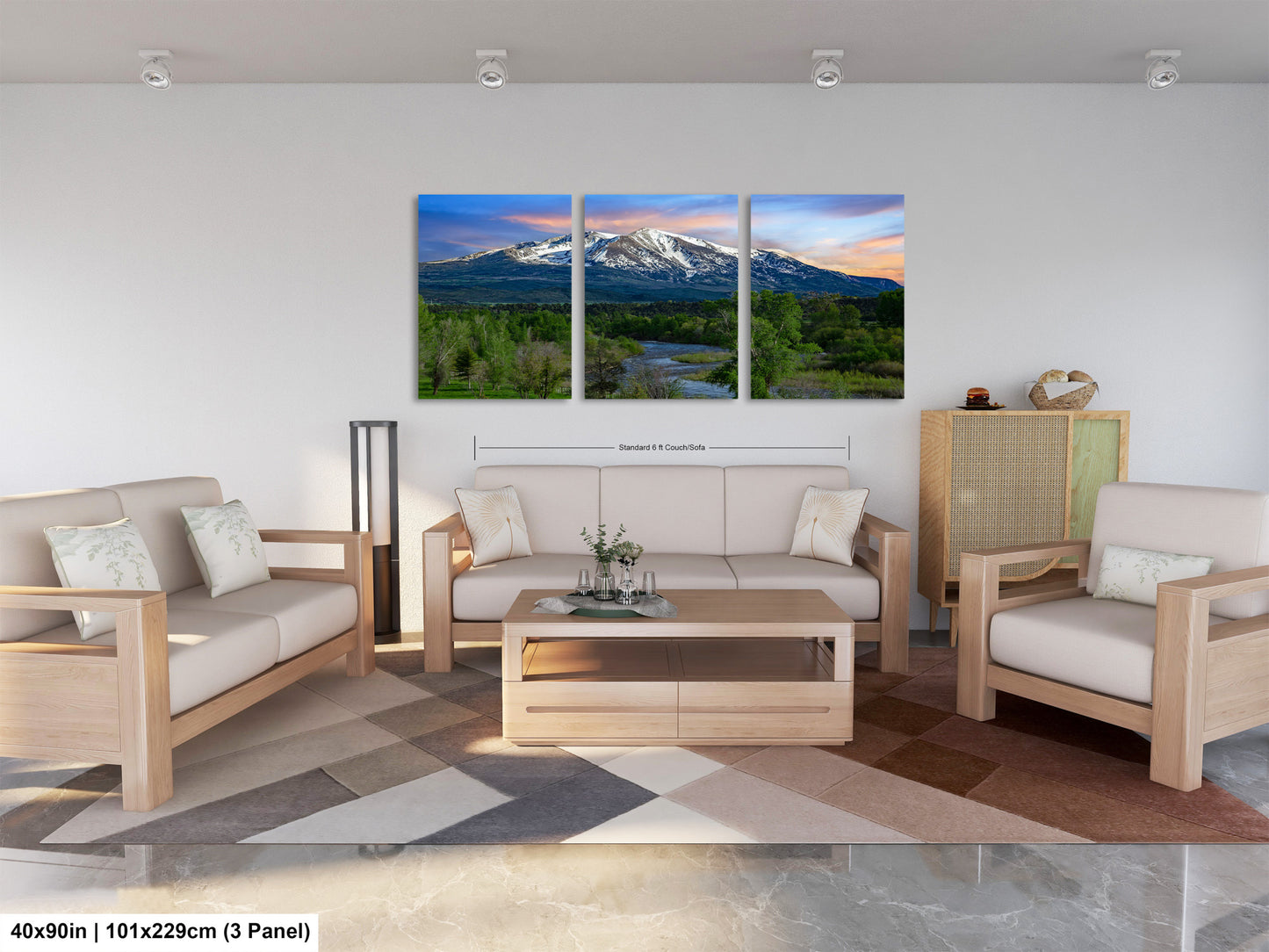 a living room filled with furniture and a painting on the wall