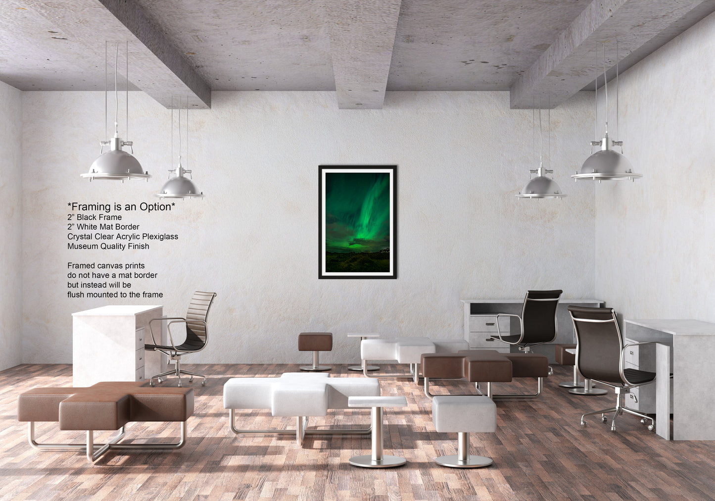 a modern, minimalist office space with a large framed picture of the Aurora Borealis hanging on the wall. The office features a variety of seating options, including chairs and ottomans, arranged in a way that encourages collaboration and interaction among the occupants. The overall design and layout of the space create a sense of openness and spaciousness, while the presence of the framed picture adds a touch of nature and color to the otherwise neutral-toned environment.