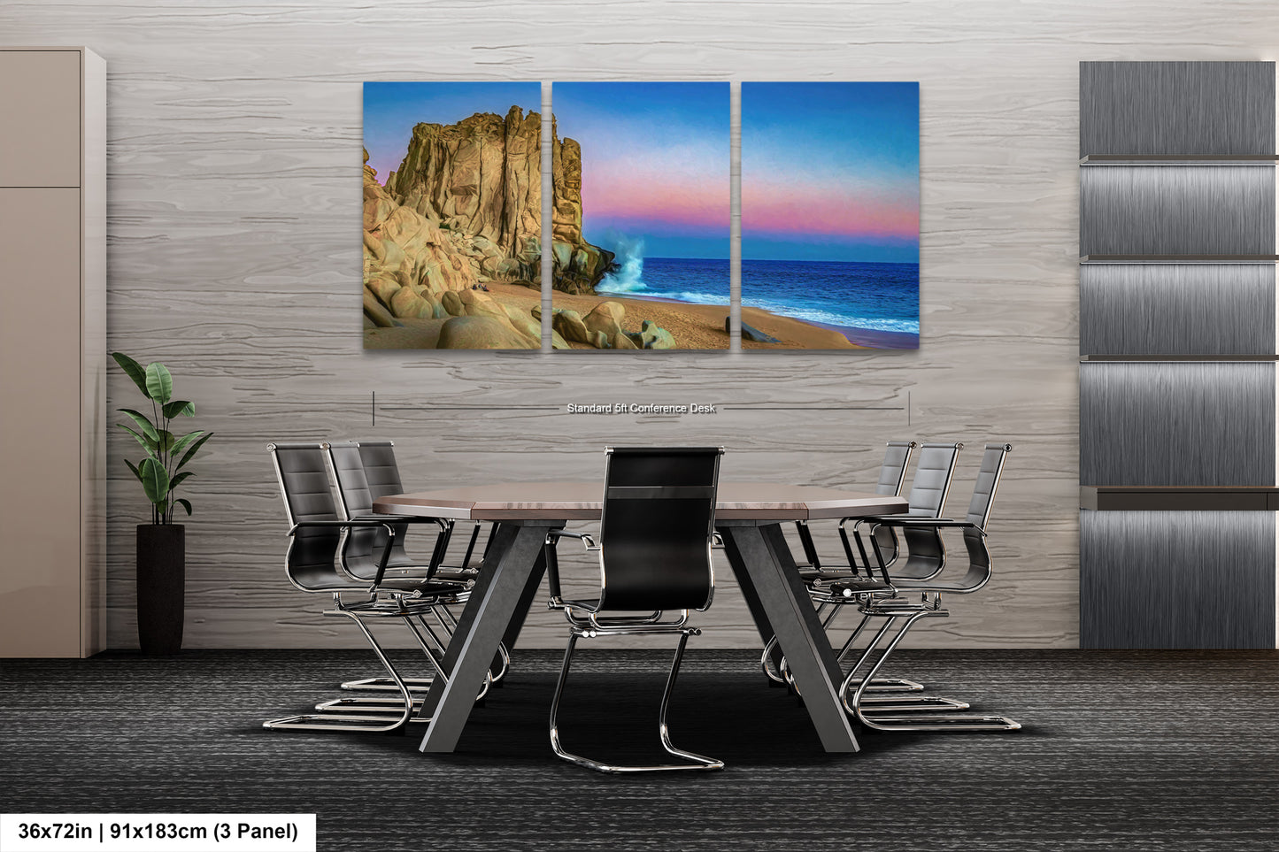 a dining room table with chairs and a painting on the wall