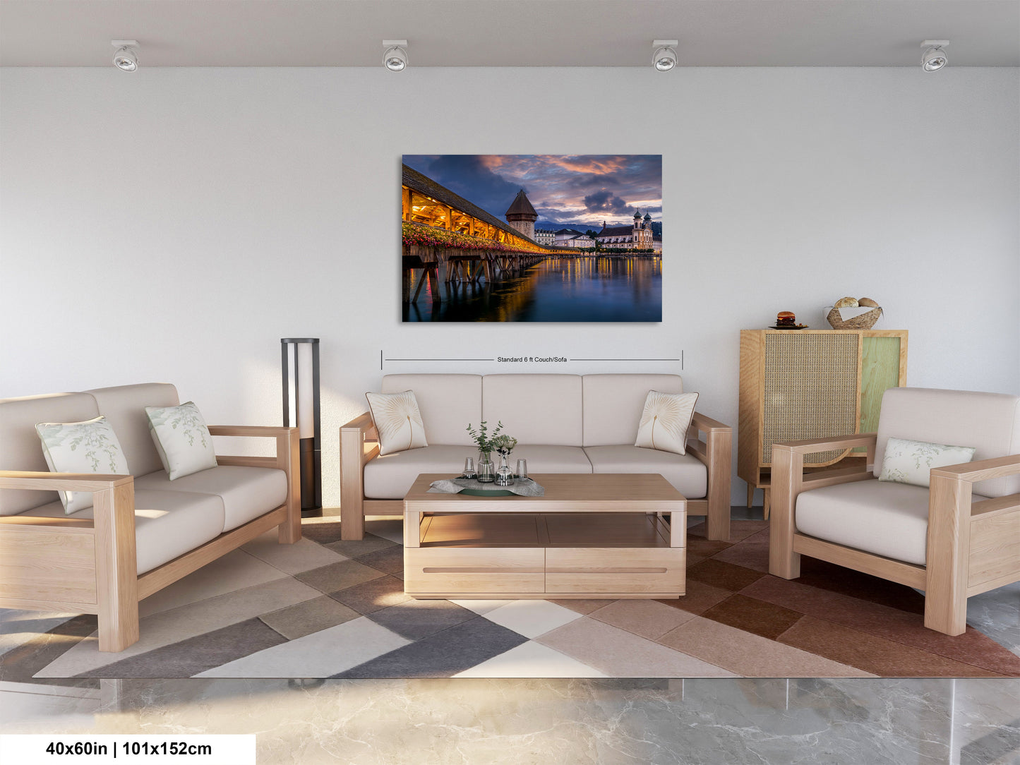 a living room filled with furniture and a painting on the wall