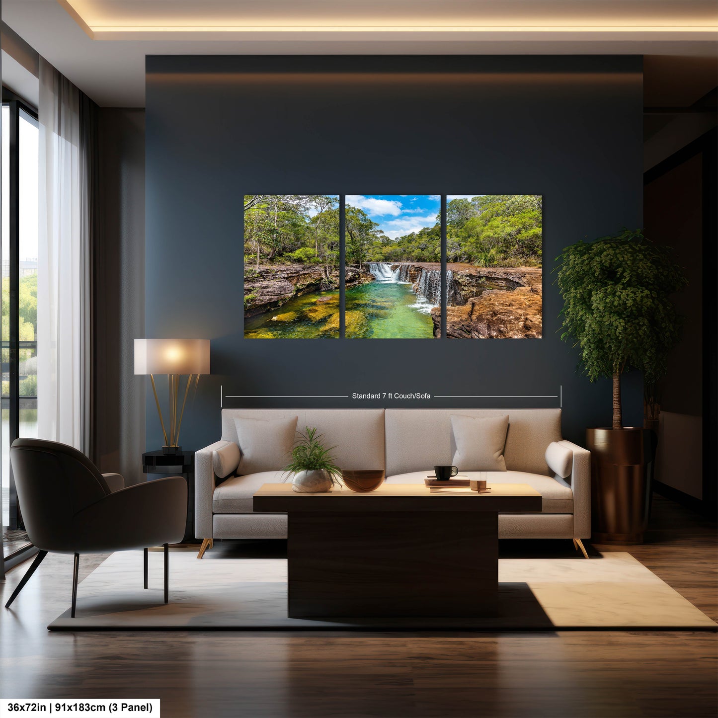 a living room with a couch and a painting on the wall